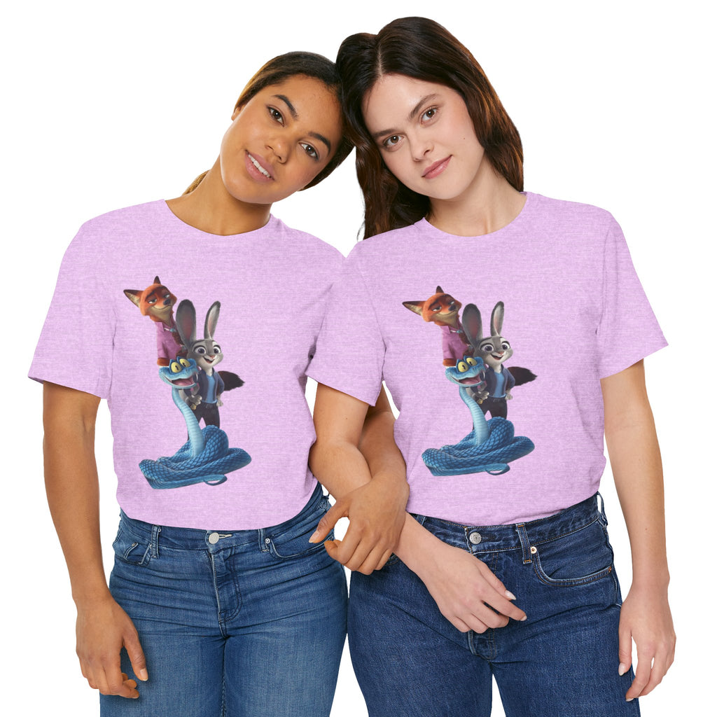 Animated Character Tee — Cute Fox & Bunny Stack Graphic T-Shirt  cartoon-style Christmas artwork