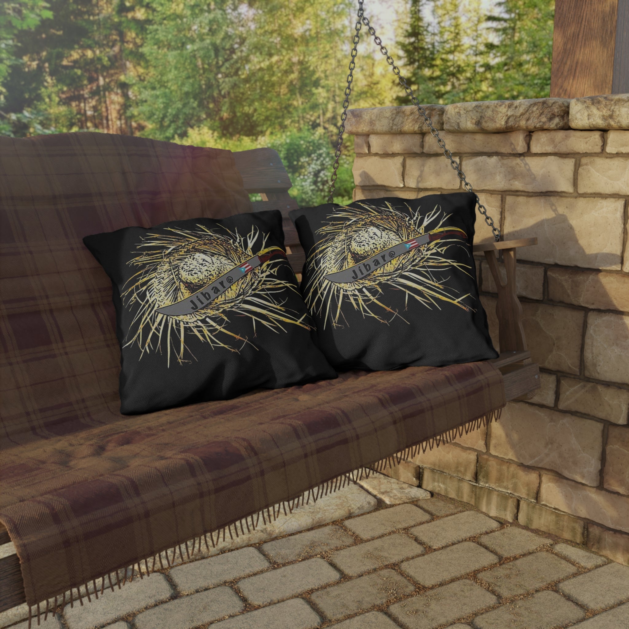 Puerto Rico Culture Pillow Outdoor Pillow – Rustic Straw Hat & Machete Design (Jibaro)