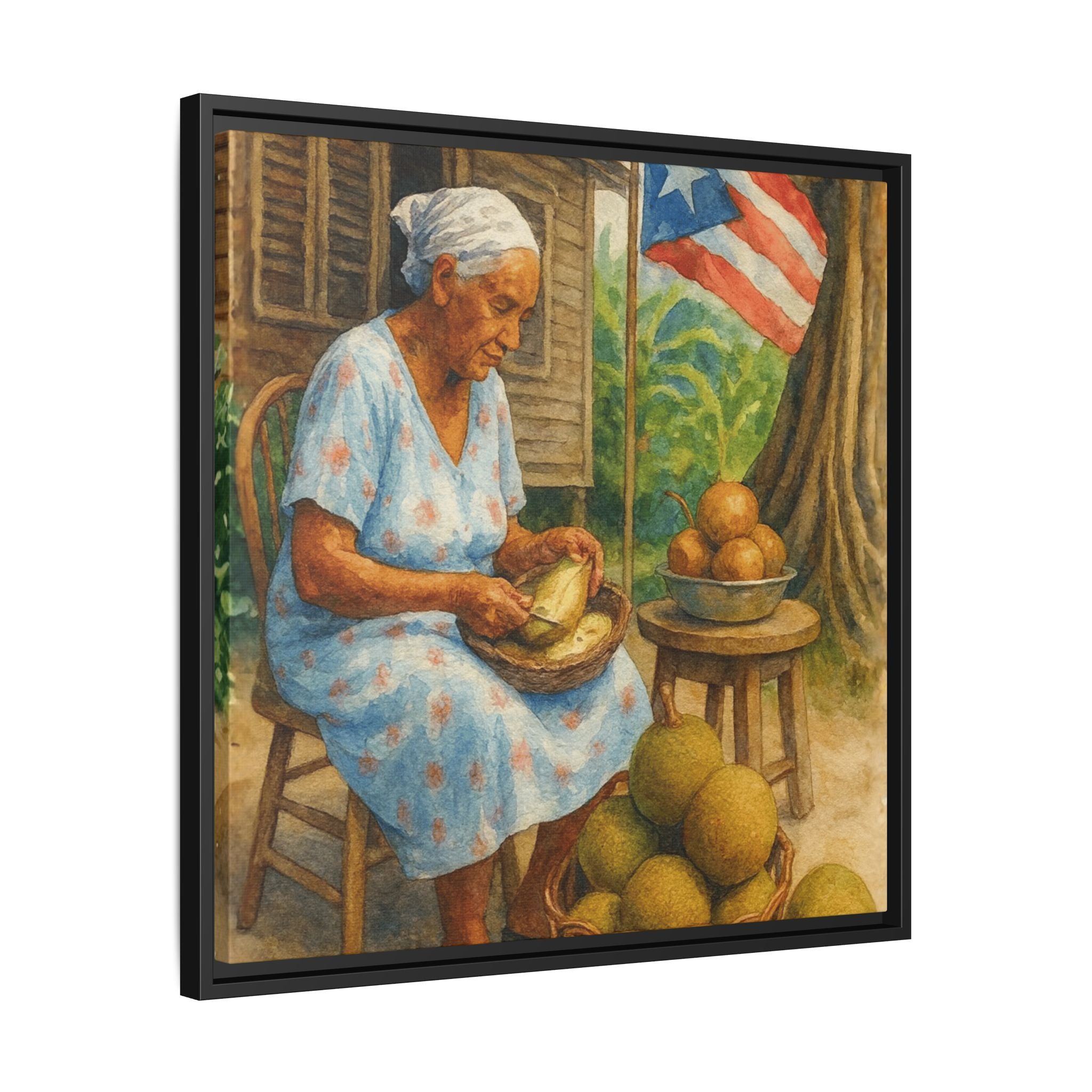Cultural & Story-Driven These Puerto Rico inspired  Framed Matte Canvas Print  Woman Shelling Fruit Vintage Tropical Painting