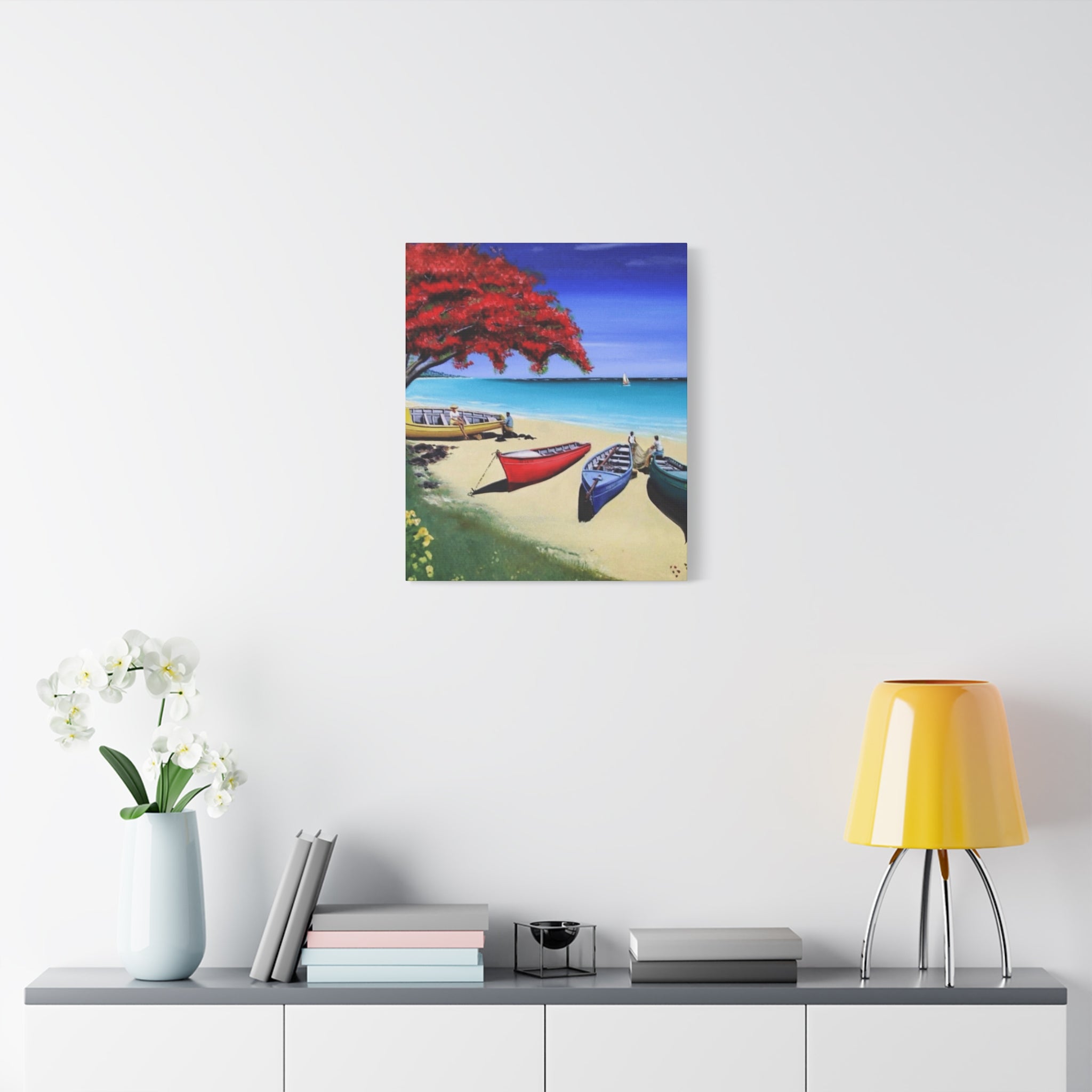 Beach Canoes Canvas Wall Art Tropical Seaside Landscape Matte Stretched Canvas