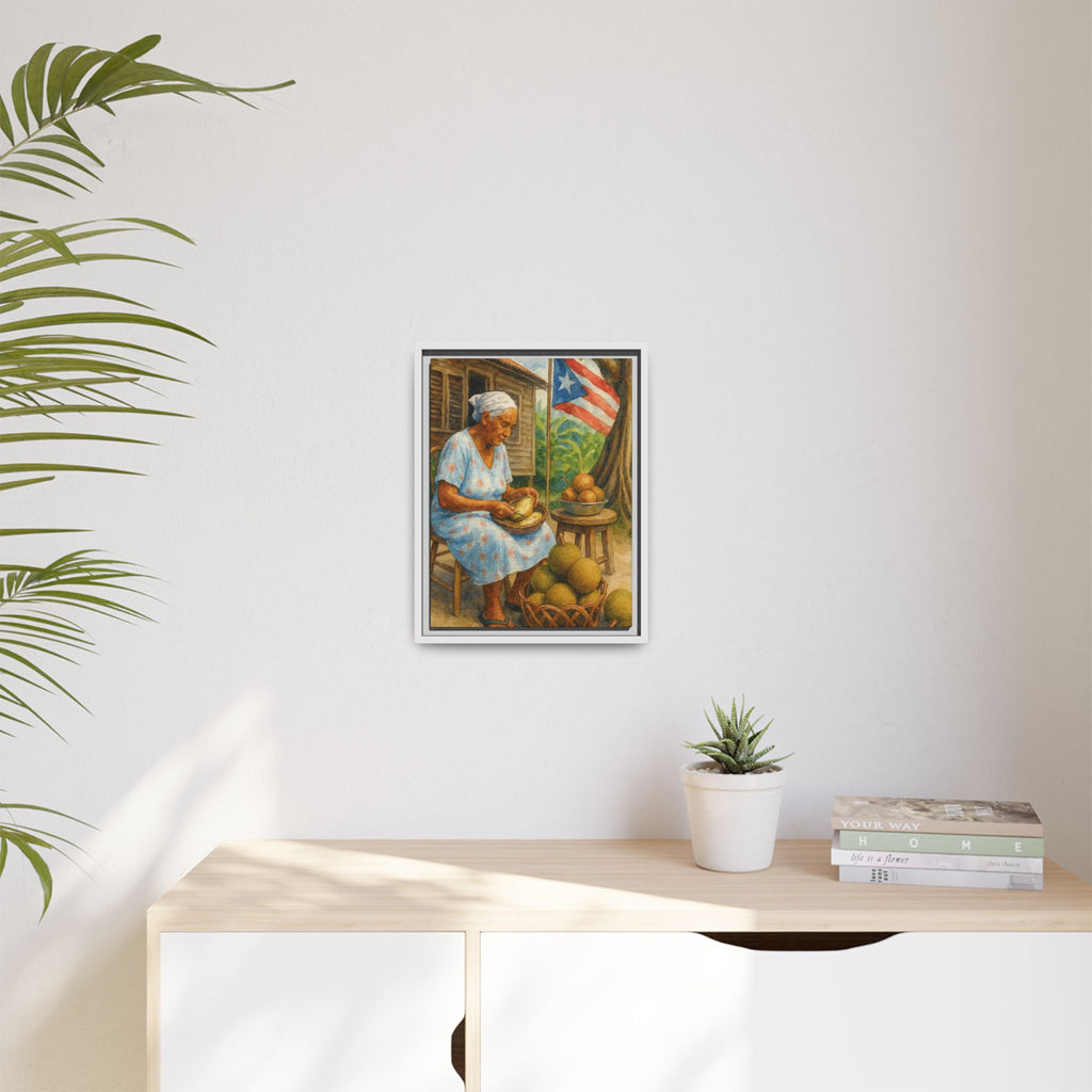 Cultural & Story-Driven These Puerto Rico inspired  Framed Matte Canvas Print  Woman Shelling Fruit Vintage Tropical Painting