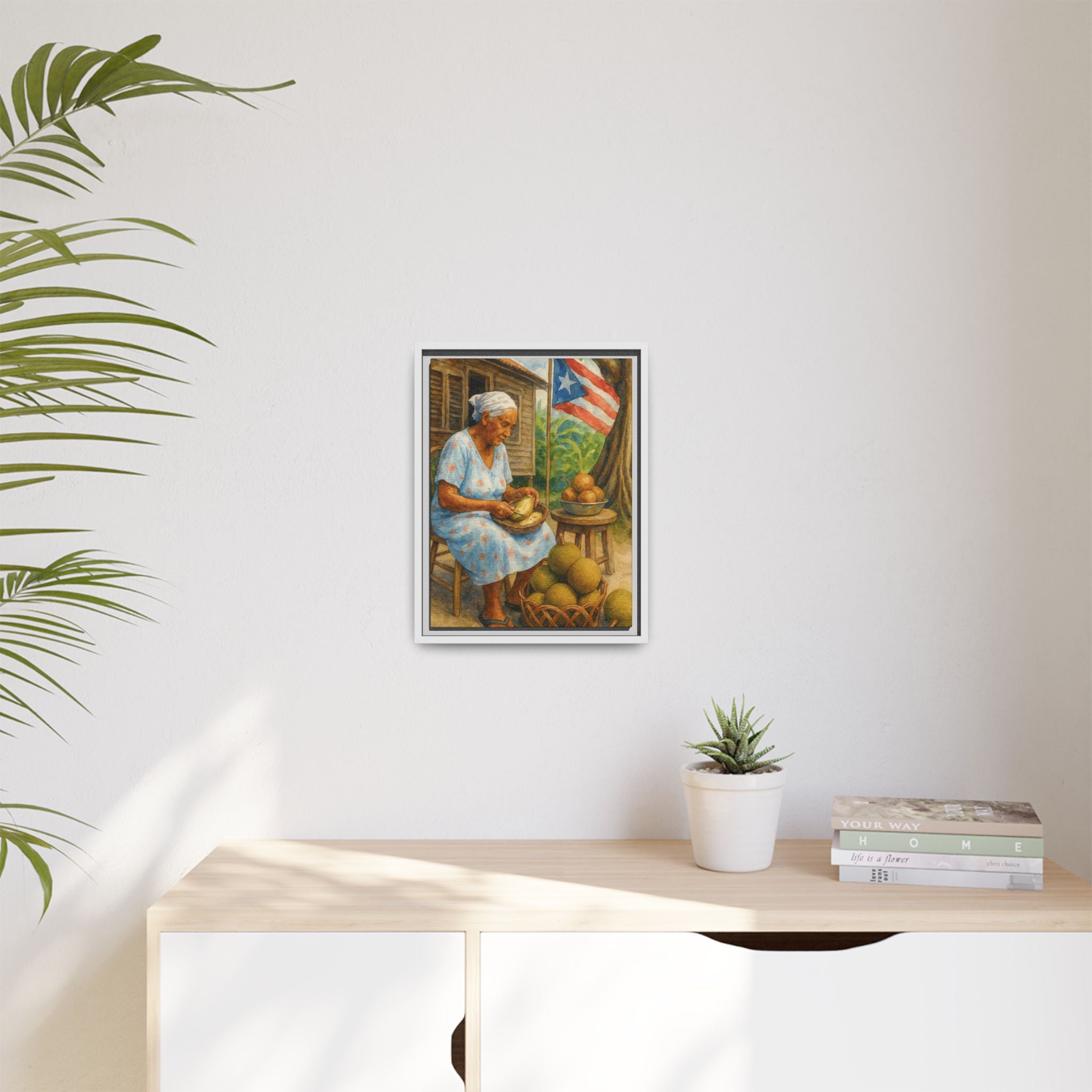 Cultural & Story-Driven These Puerto Rico inspired  Framed Matte Canvas Print  Woman Shelling Fruit Vintage Tropical Painting