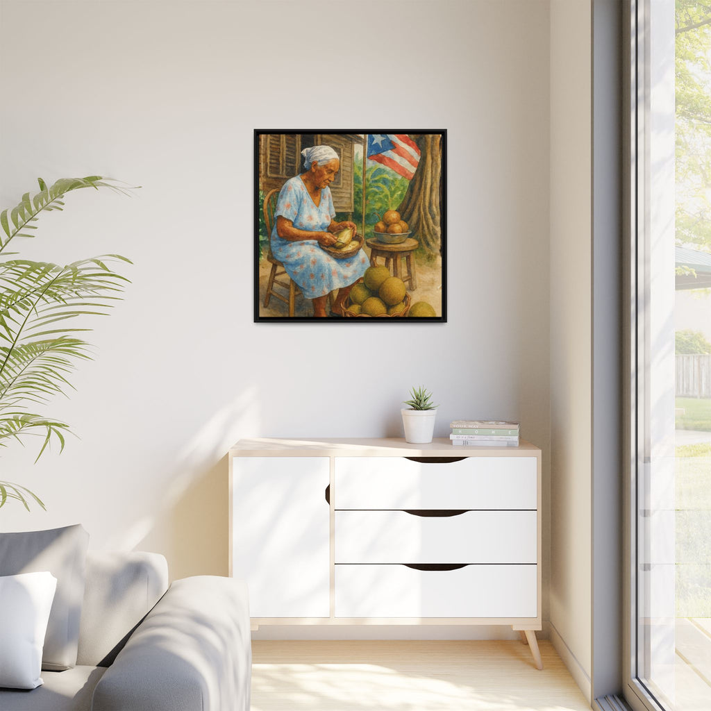 Cultural & Story-Driven These Puerto Rico inspired  Framed Matte Canvas Print  Woman Shelling Fruit Vintage Tropical Painting
