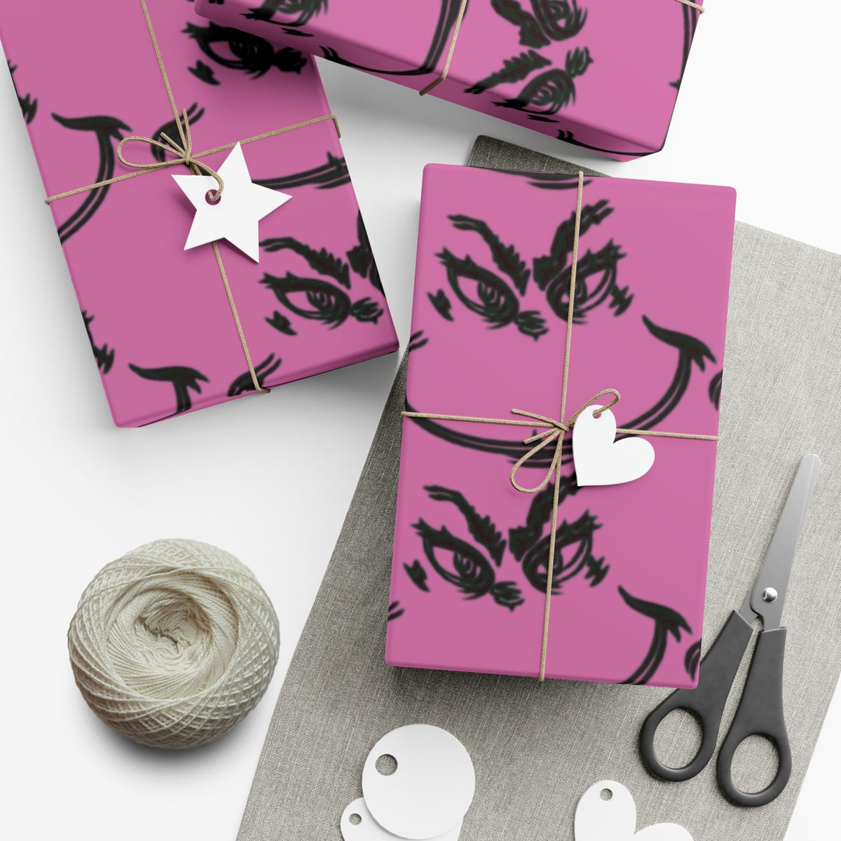TheGrench Pink Botanical Gift Wrap Paper  Black Fern Pattern Wrapping Sheets