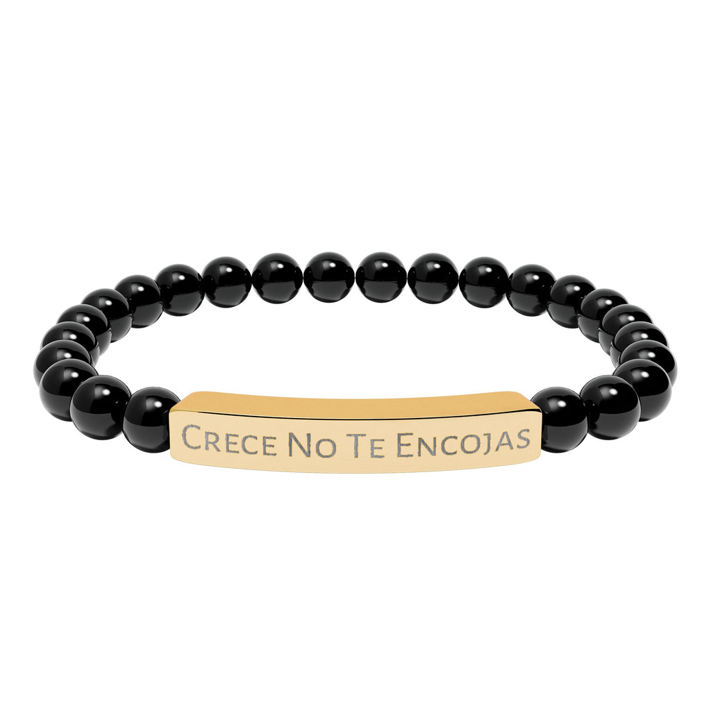 Engraved Natural Stone Stretch Bracelet — "Crece No Te Rindas" Affirmation Bar