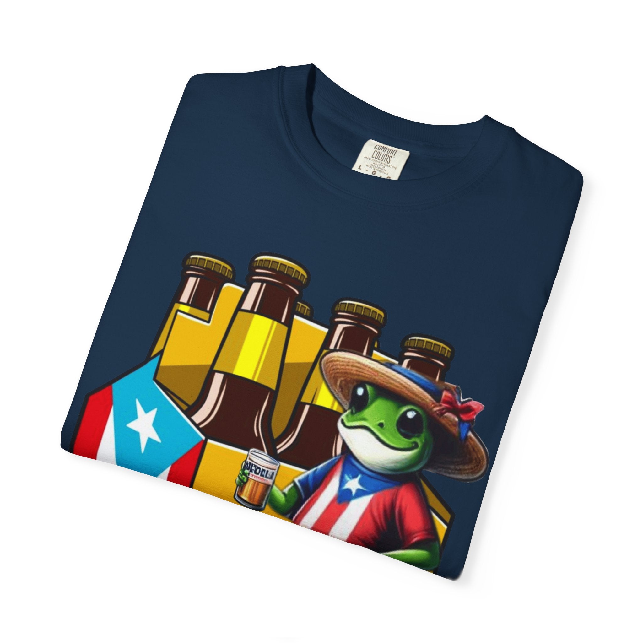 Medalla Light Puerto Rican Beer T-Shirt Coqui Frog Mascot Six-Pack Graphic Tee Puerto Rico’s Navidades