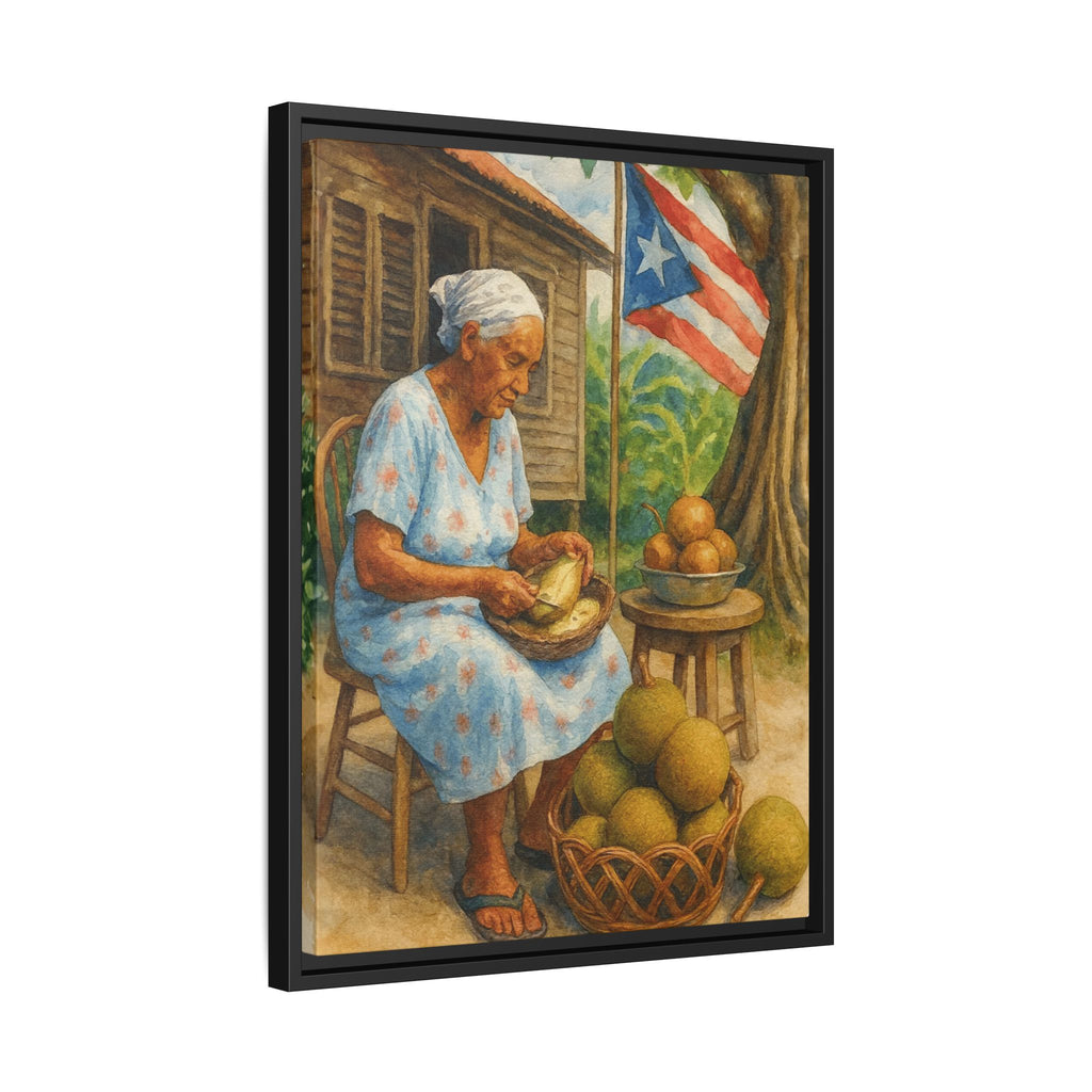 Cultural & Story-Driven These Puerto Rico inspired  Framed Matte Canvas Print  Woman Shelling Fruit Vintage Tropical Painting