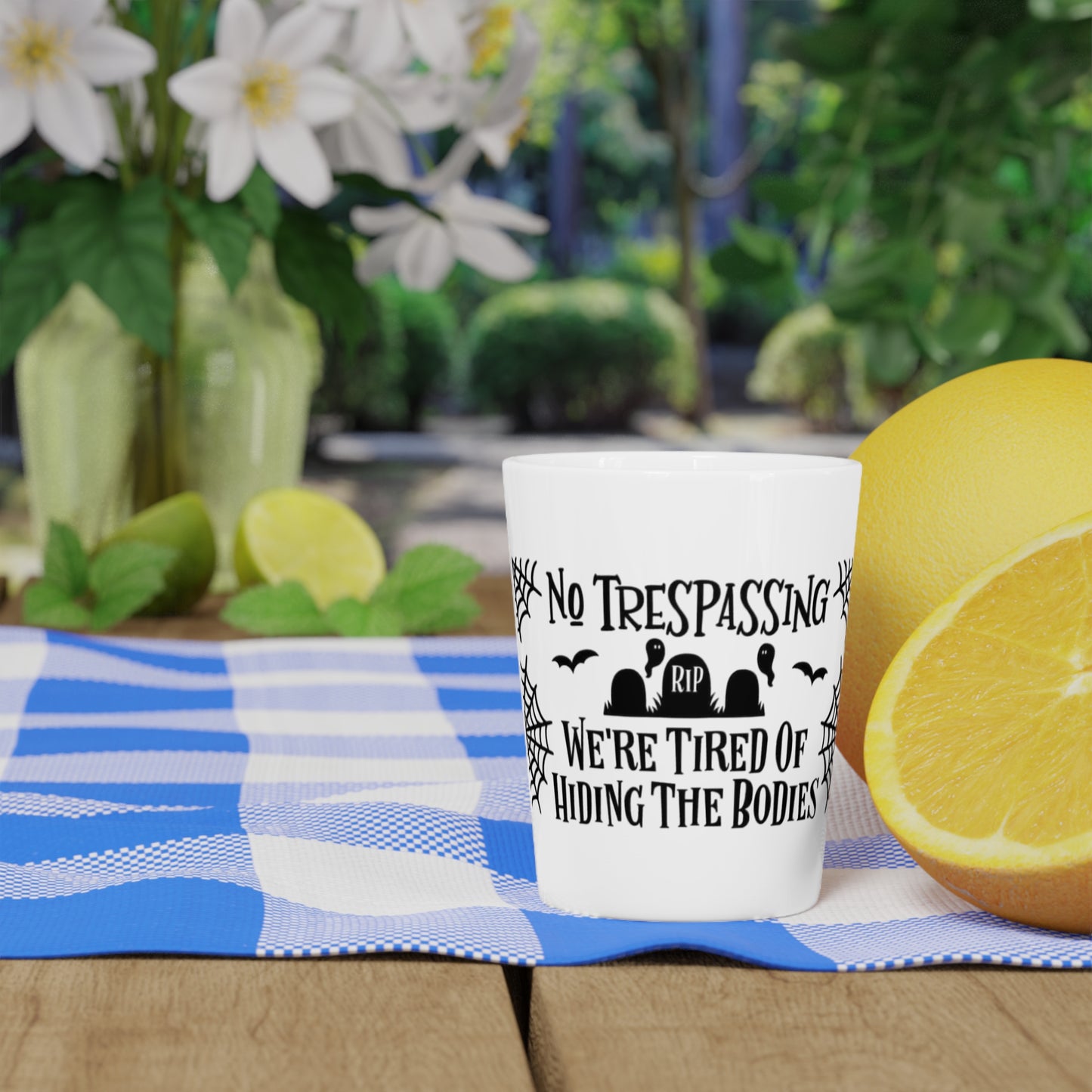 Halloween Shot Glass, No Trespassing Statement Glass, Party Favors, Unique Decor, Fun Gift for Spooky Celebrations, Housewarming