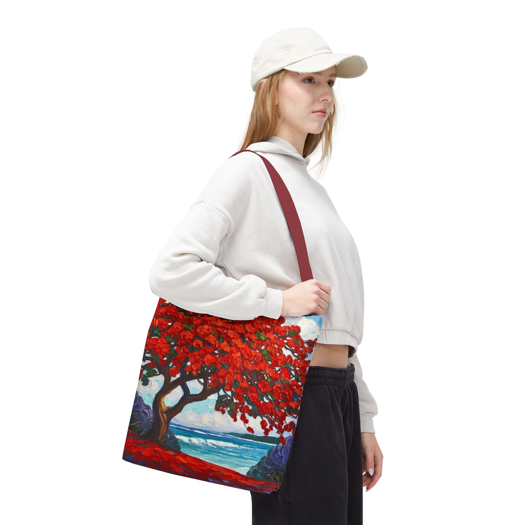 Red Blossom Beach Tote - Tropical Tree Art All-Over Print Tote Bag Crochet-Decorated Tote Bags
