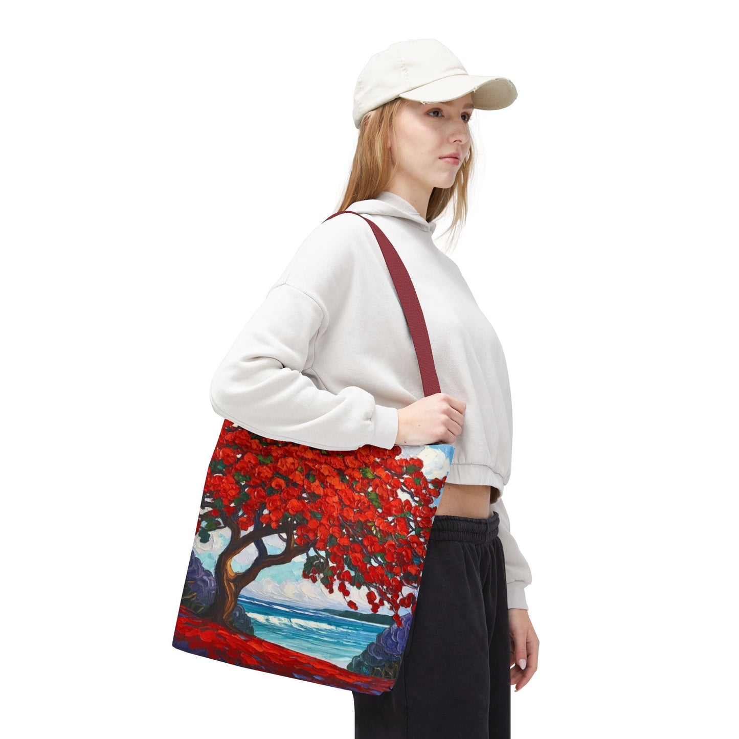 Red Blossom Beach Tote - Tropical Tree Art All-Over Print Tote Bag Crochet-Decorated Tote Bags