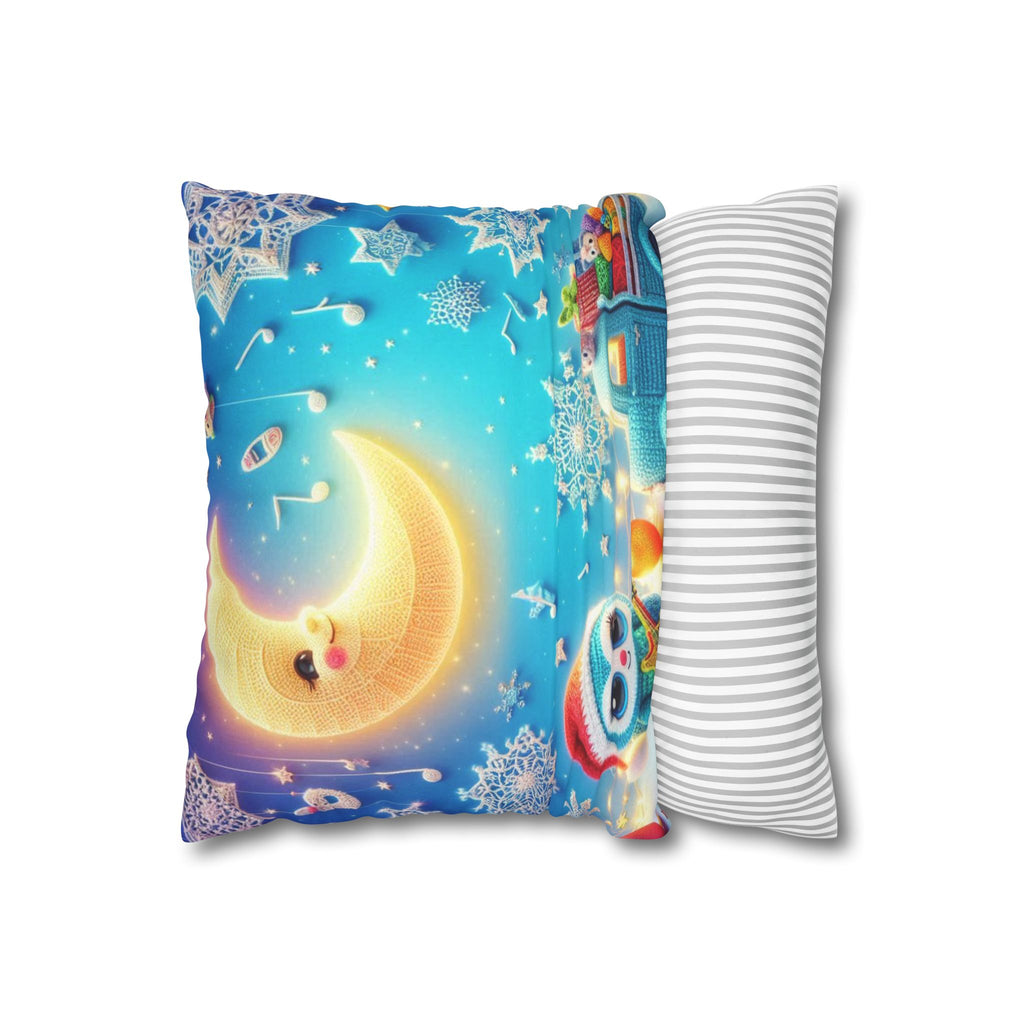 Whimsical Moon & Penguin Holiday Pillowcase  Faux Suede Square Throw Pillow