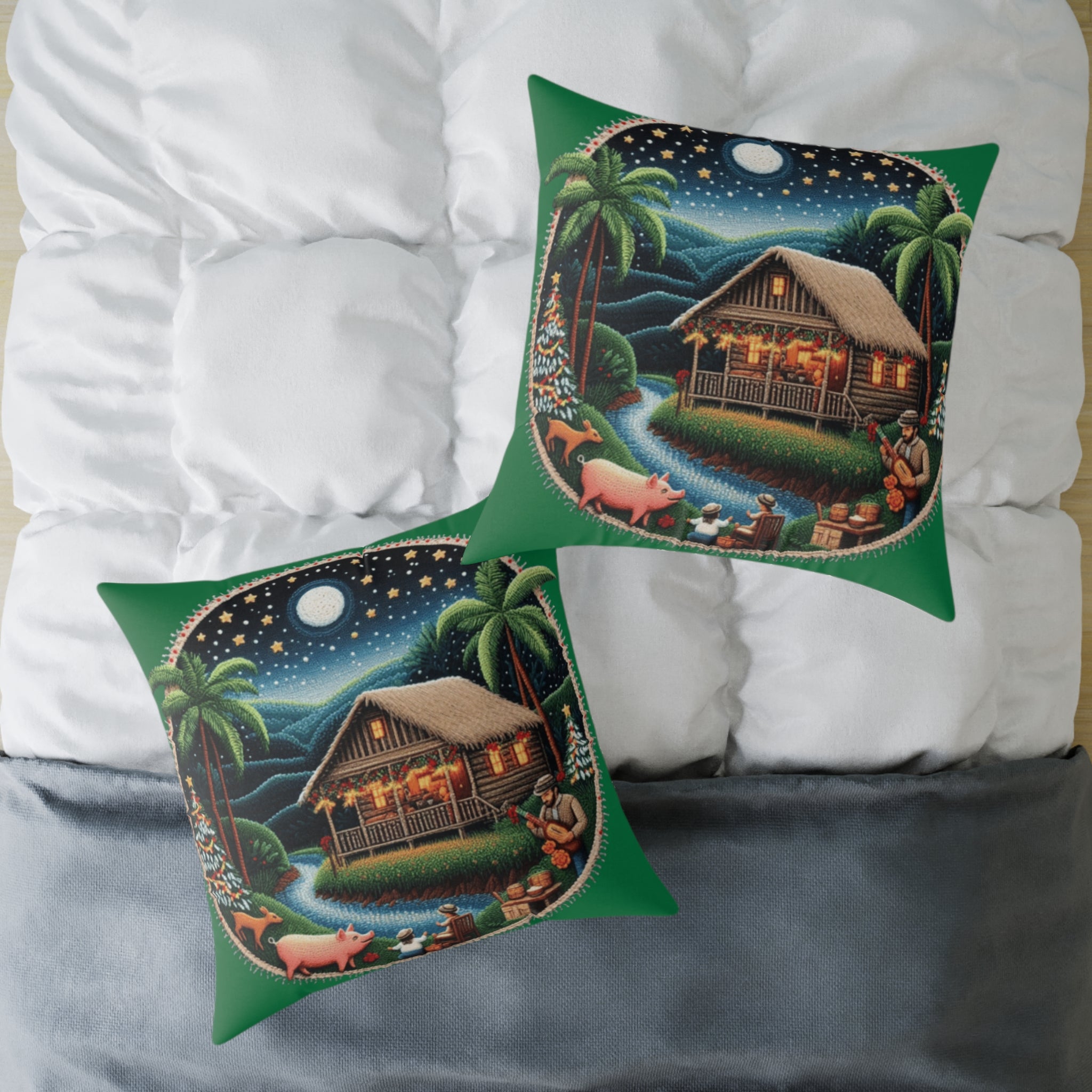 Island Night Cottage Pillow  Tropical Moonlit Cabin Throw Pillow Puerto Rico Culture Pillow