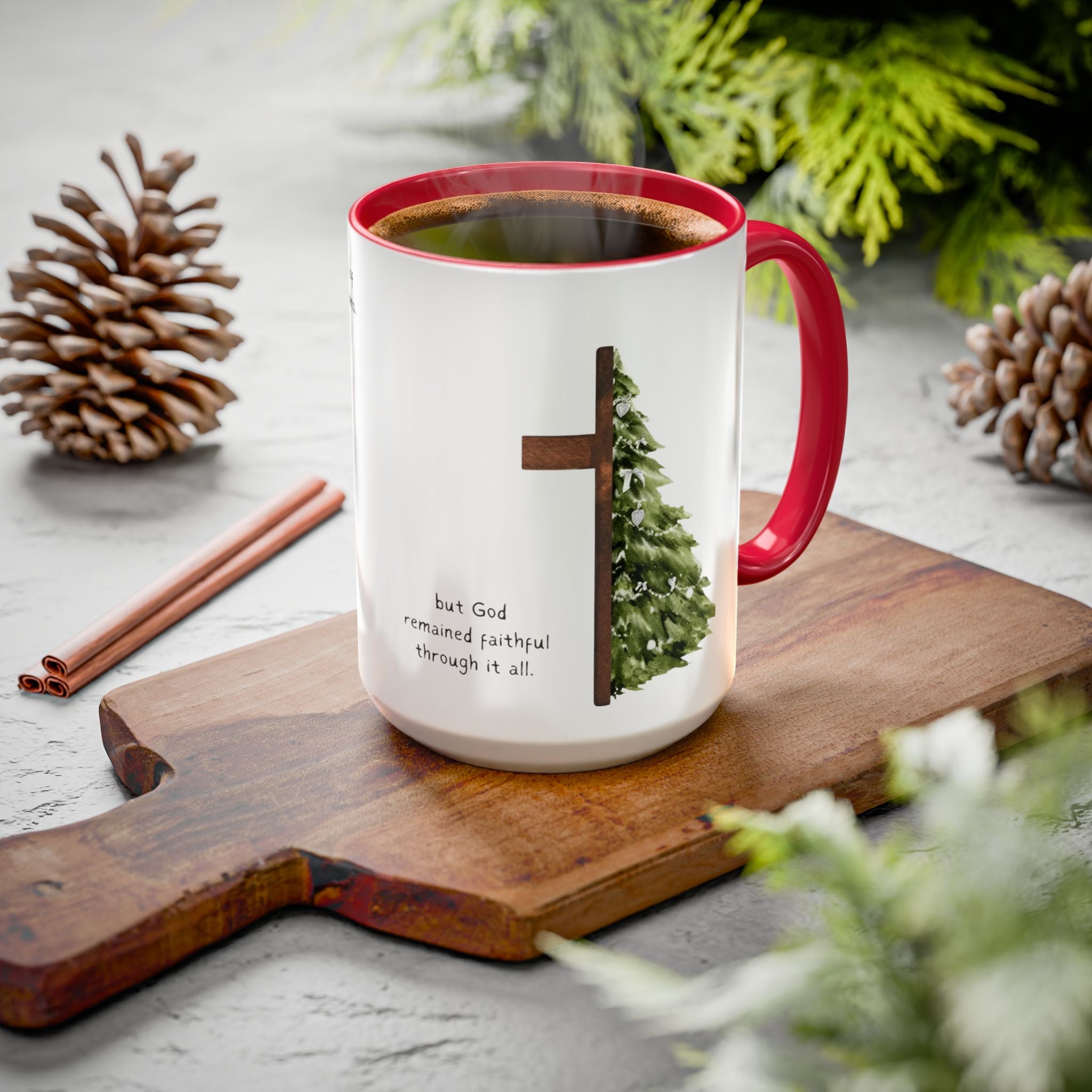 Christian Cross & Pine Tree Mug — Faith Reminder Coffee Cup (11oz/15oz)