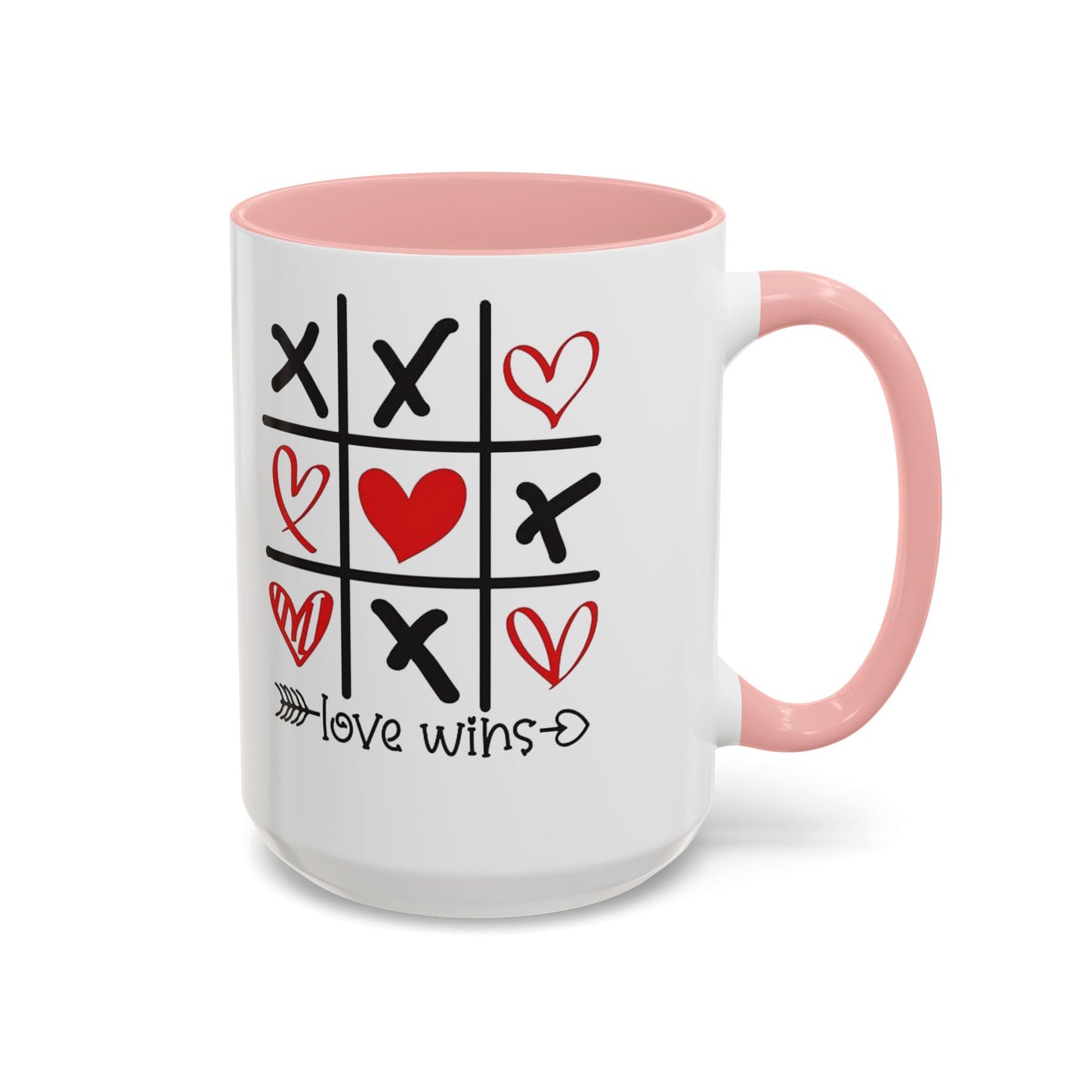 Love Wins Tic-Tac-Toe Heart Accent Coffee Mug — Romantic Valentine 11/15oz