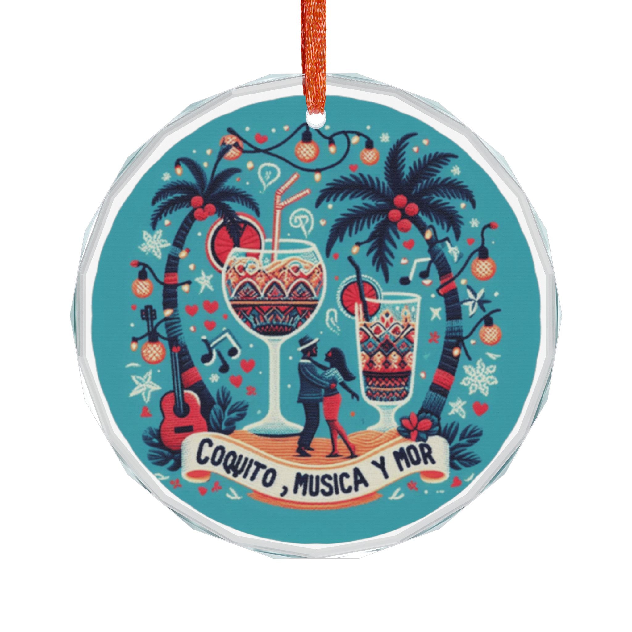 Puerto Rico Glass Ornaments Crystal Ornament "Coquito, Musica y Amor" Holiday Heart Decoration