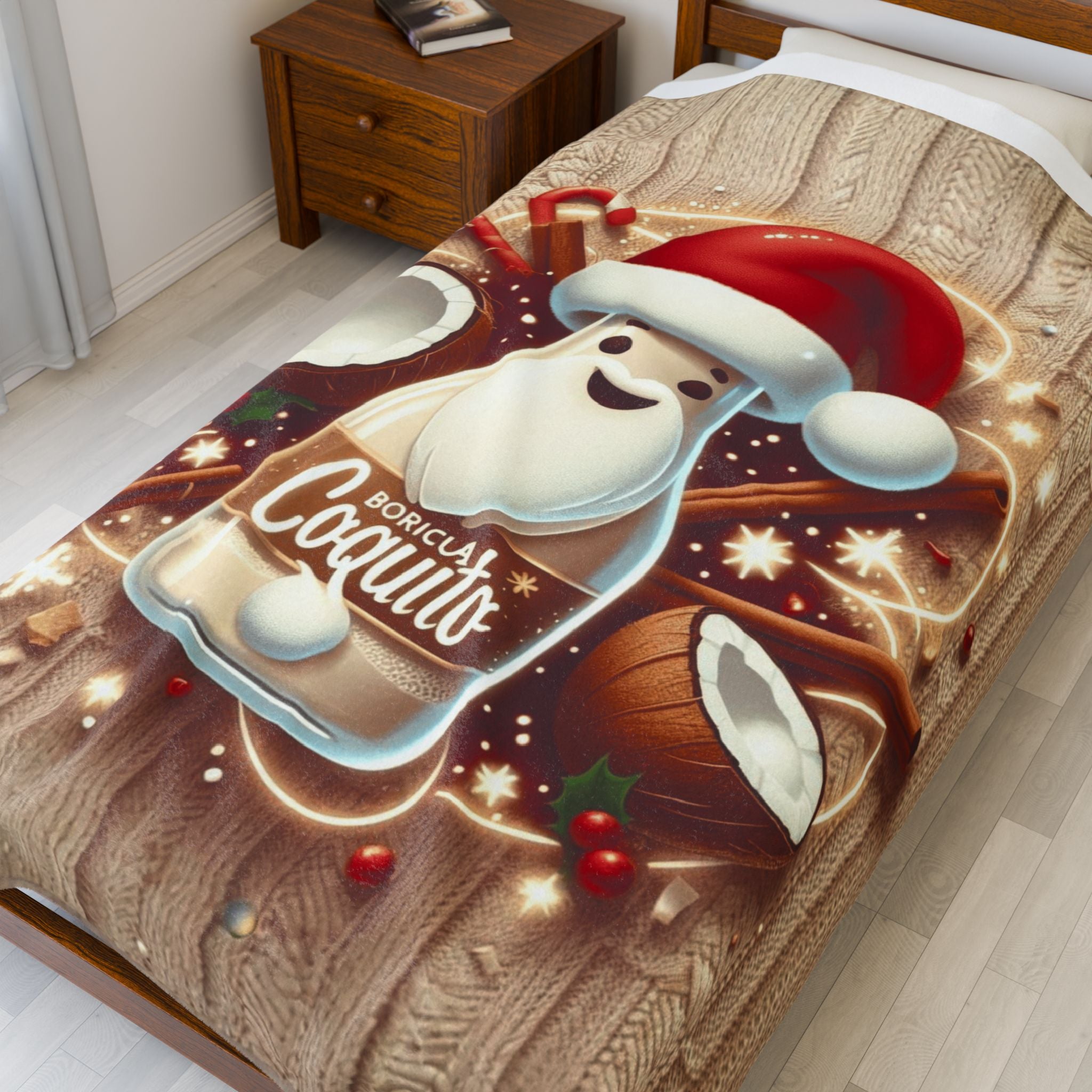 Coquito Santa Velveteen Plush Blanket Holiday Puerto Rican Coquito Design
