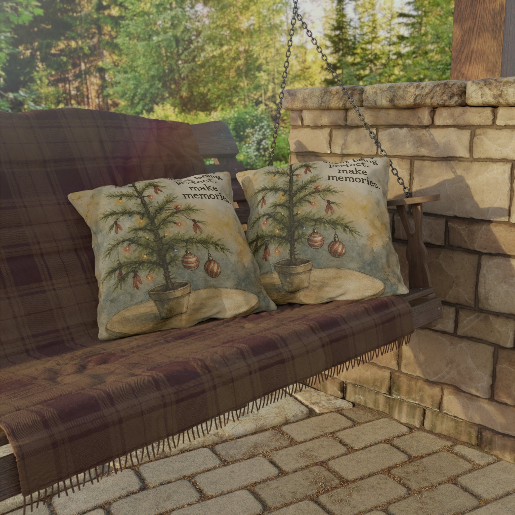 Christmas Tree Outdoor Pillow – "Don't Worry About Being Perfect, Make Memories" Holiday Décor