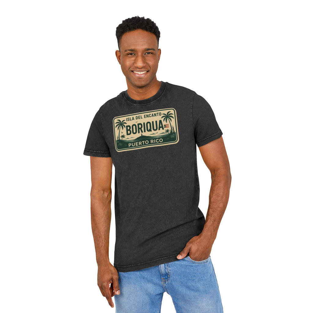 Boriqua Puerto Rico Vintage Acid-Wash Tee  Isla del Encanto License Plate Design