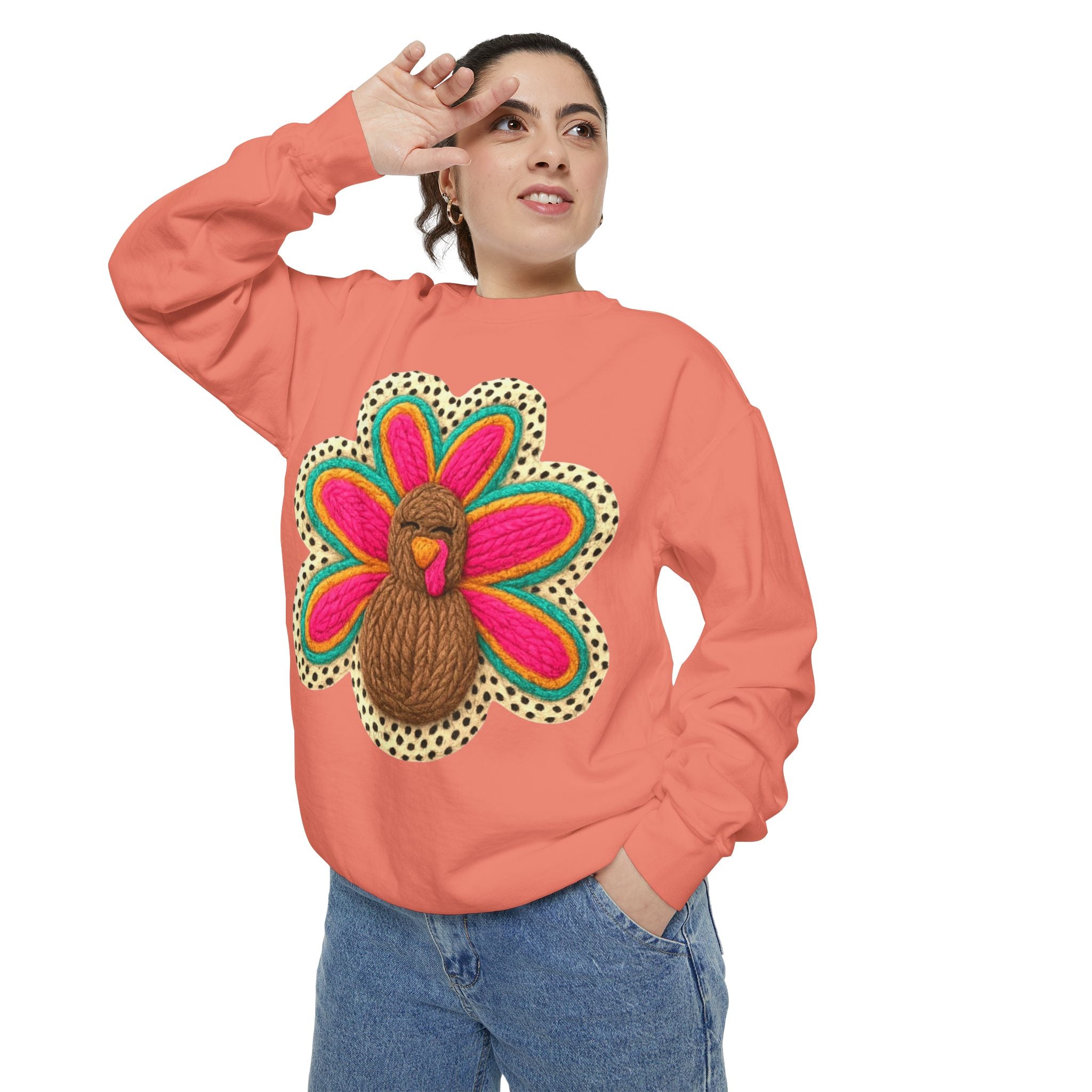 Festive Holiday Designs Turkey Patch Sweatshirt — Colorful Embroidered Thanksgiving Pullover
