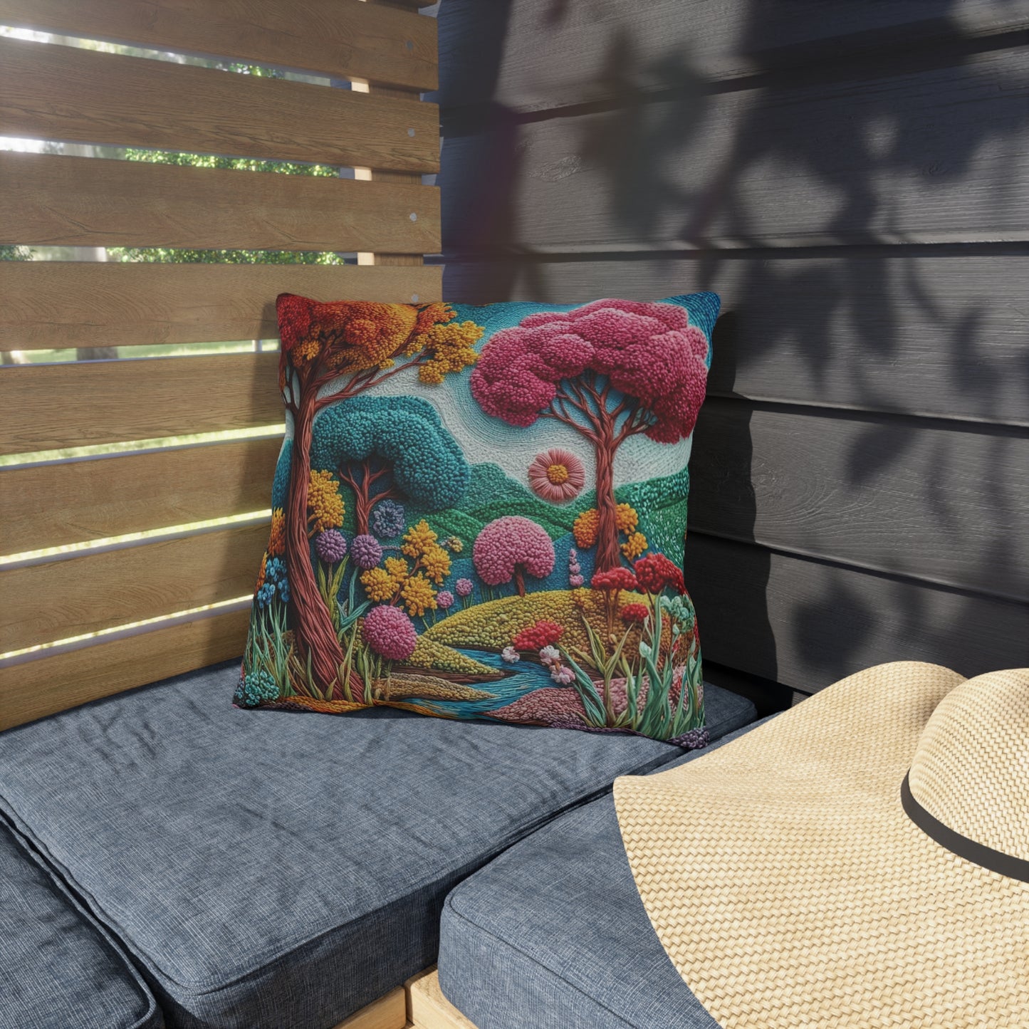 Outdoor Pillow — Colorful Whimsical Garden Landscape Throw Pillow
