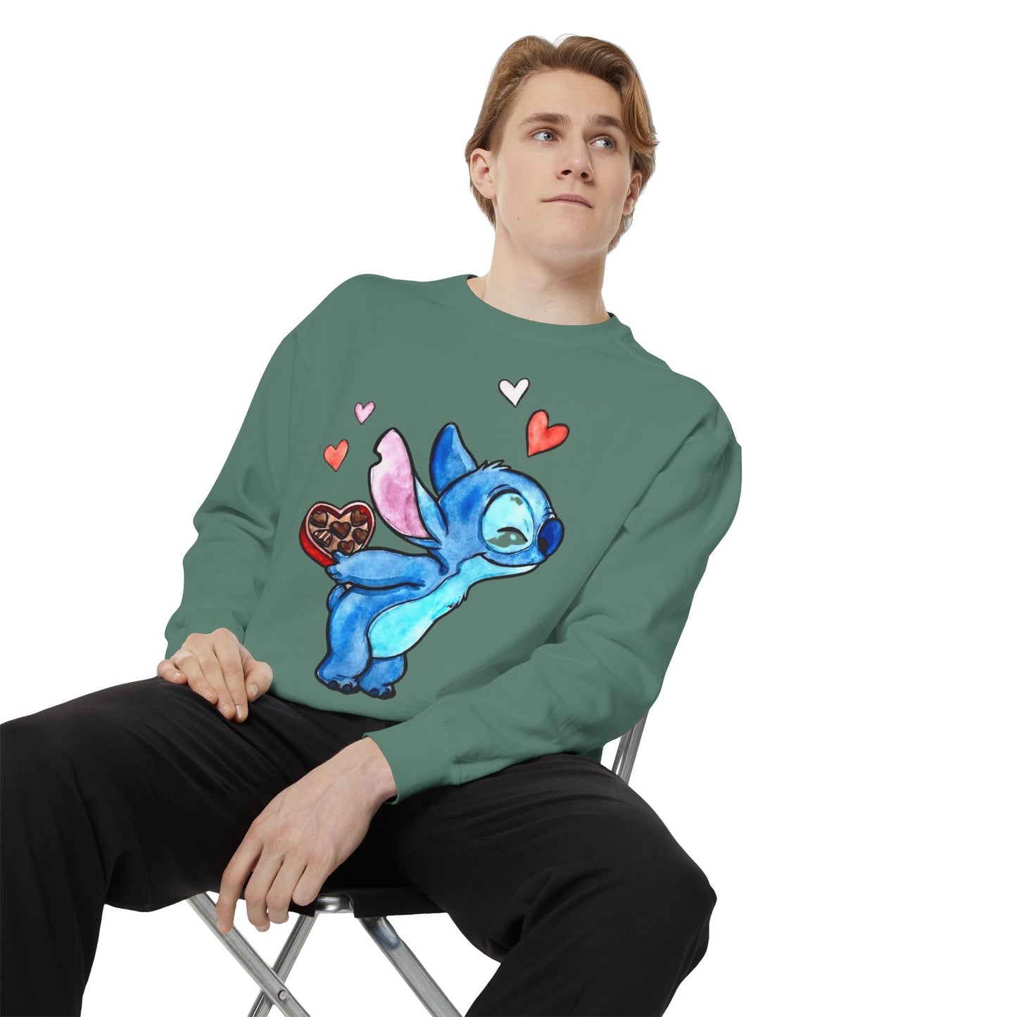 Stitch Valentine Sweatshirt — Cute Blue Alien with Hearts & Chocolate Pocket