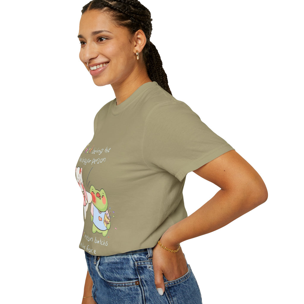 Graphic T-Shirt  Cute Kicking Cat & Frog with 'F*ck Being The Bigger Person' Slogan