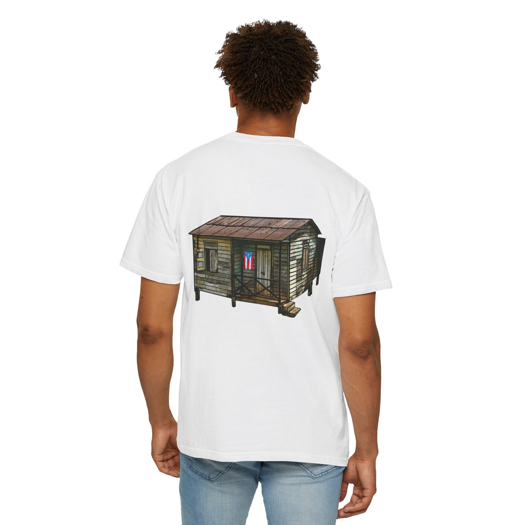 Puerto Rican Batey Cabin T-Shirt  Three Masks & Rustic House Graphic Tee Puerto Rico Navidades