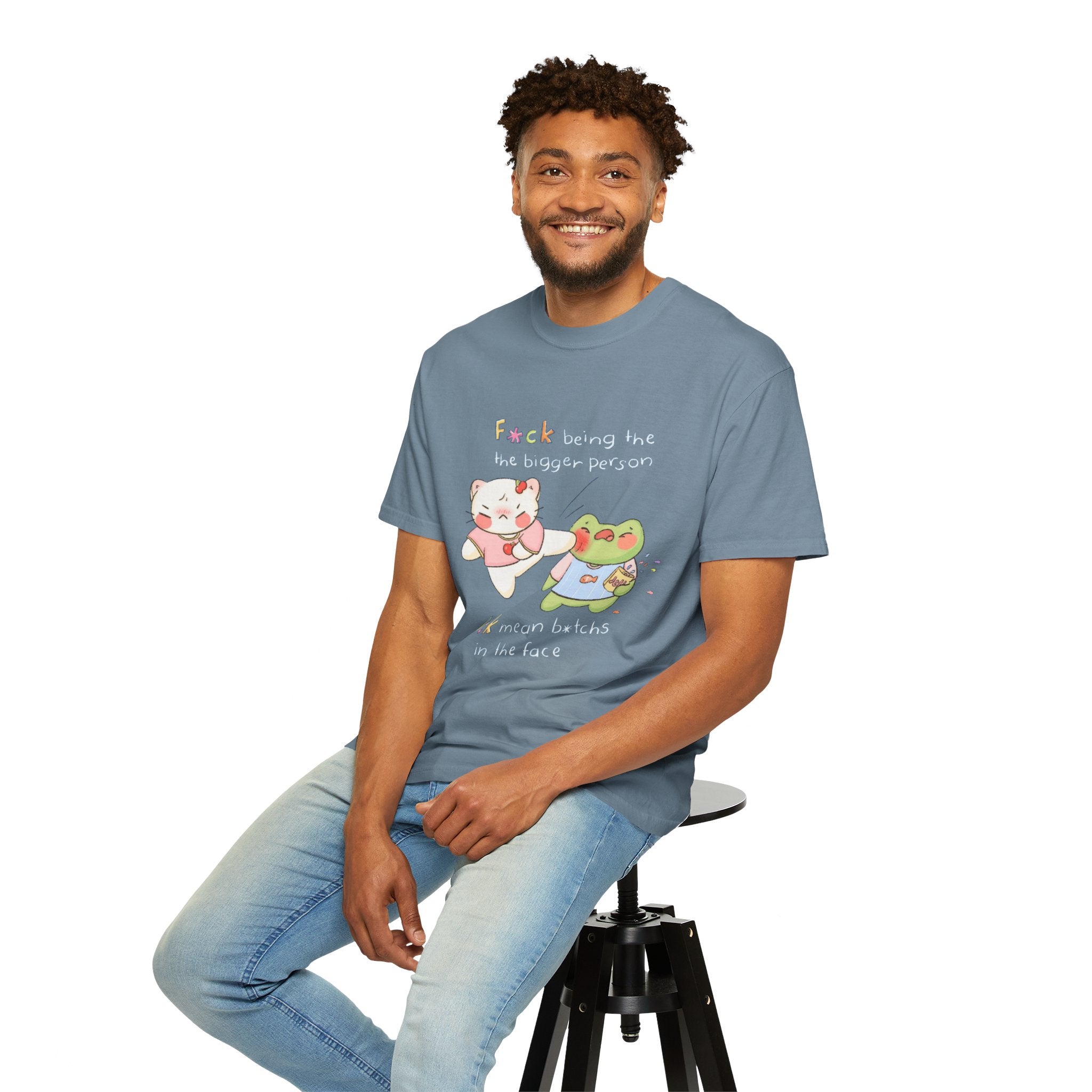 Graphic T-Shirt  Cute Kicking Cat & Frog with 'F*ck Being The Bigger Person' Slogan