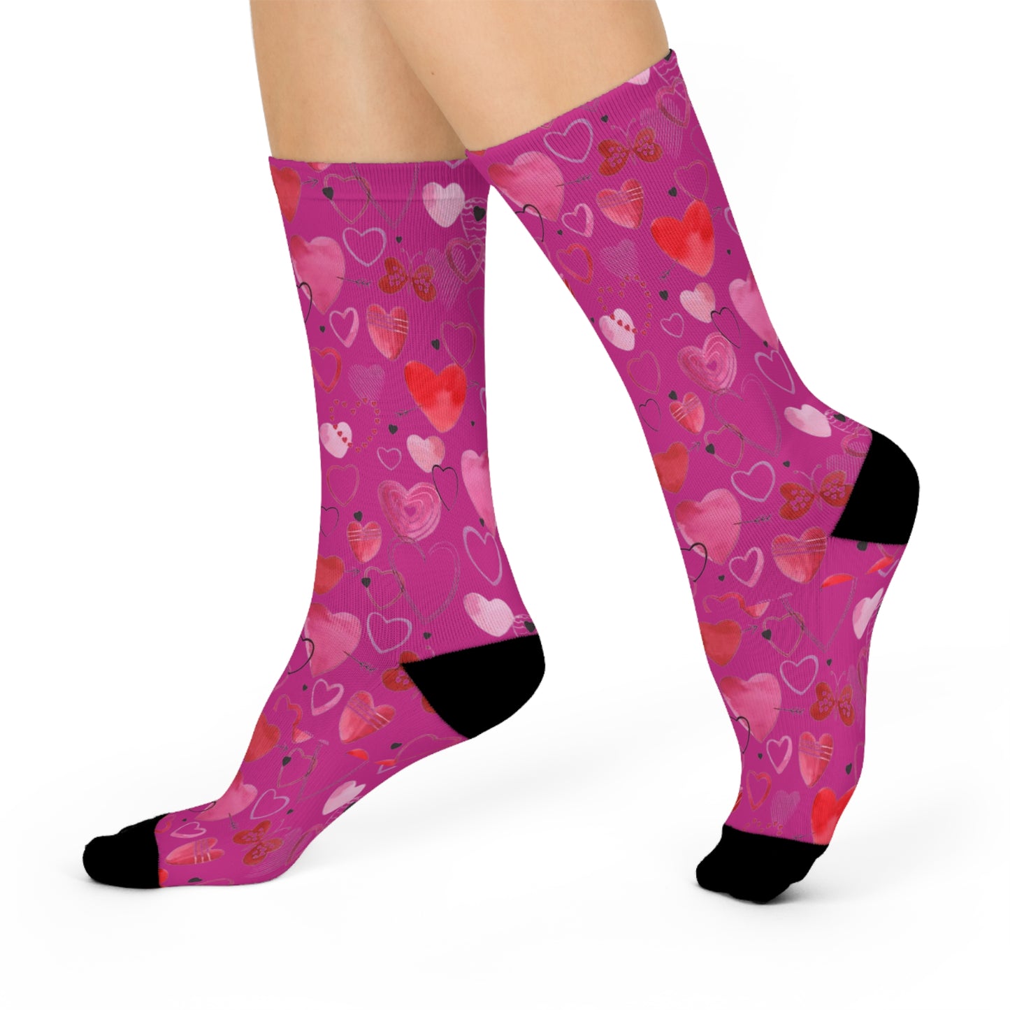 Pink Heart Pattern Cushioned Crew Socks — Valentine’s Day Love Design