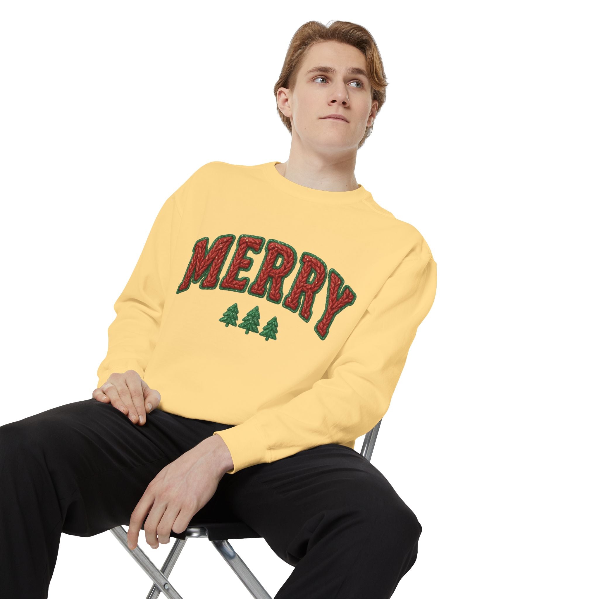 Merry Holiday Sweatshirt — Cozy Christmas Pullover with Tree Graphics Festive Holiday Designs