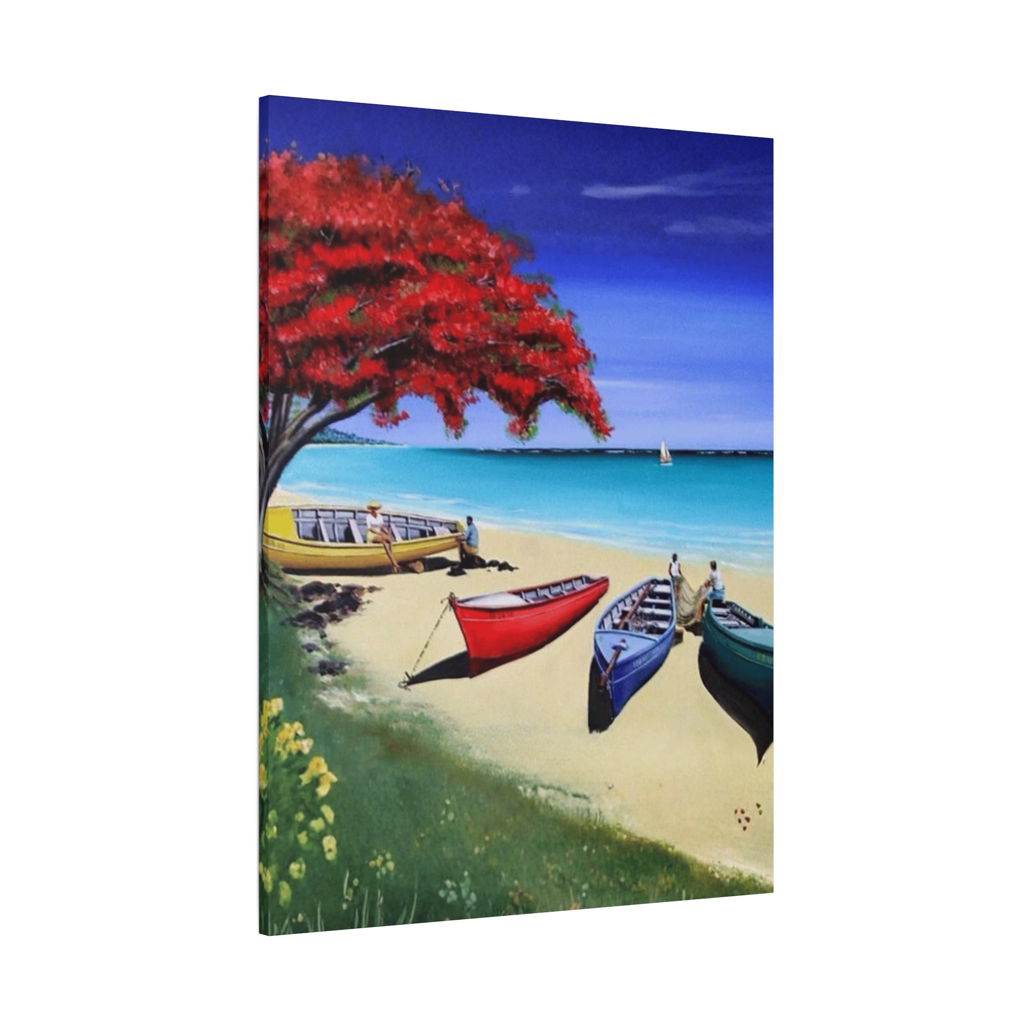 Beach Canoes Canvas Wall Art Tropical Seaside Landscape Matte Stretched Canvas