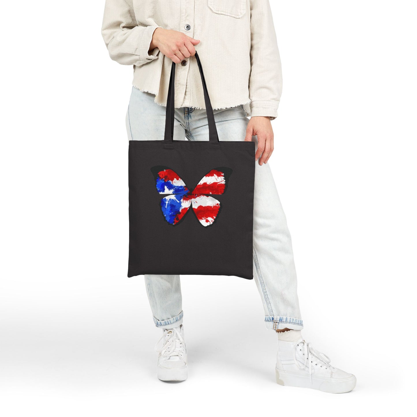 Carry Your Culture – Puerto Rican Pride in Every Step Patriotic Butterfly Cotton Canvas Tote Bag: Eco-Friendly Grocery, Beach, School, or Gift Bag, USA Flag Design