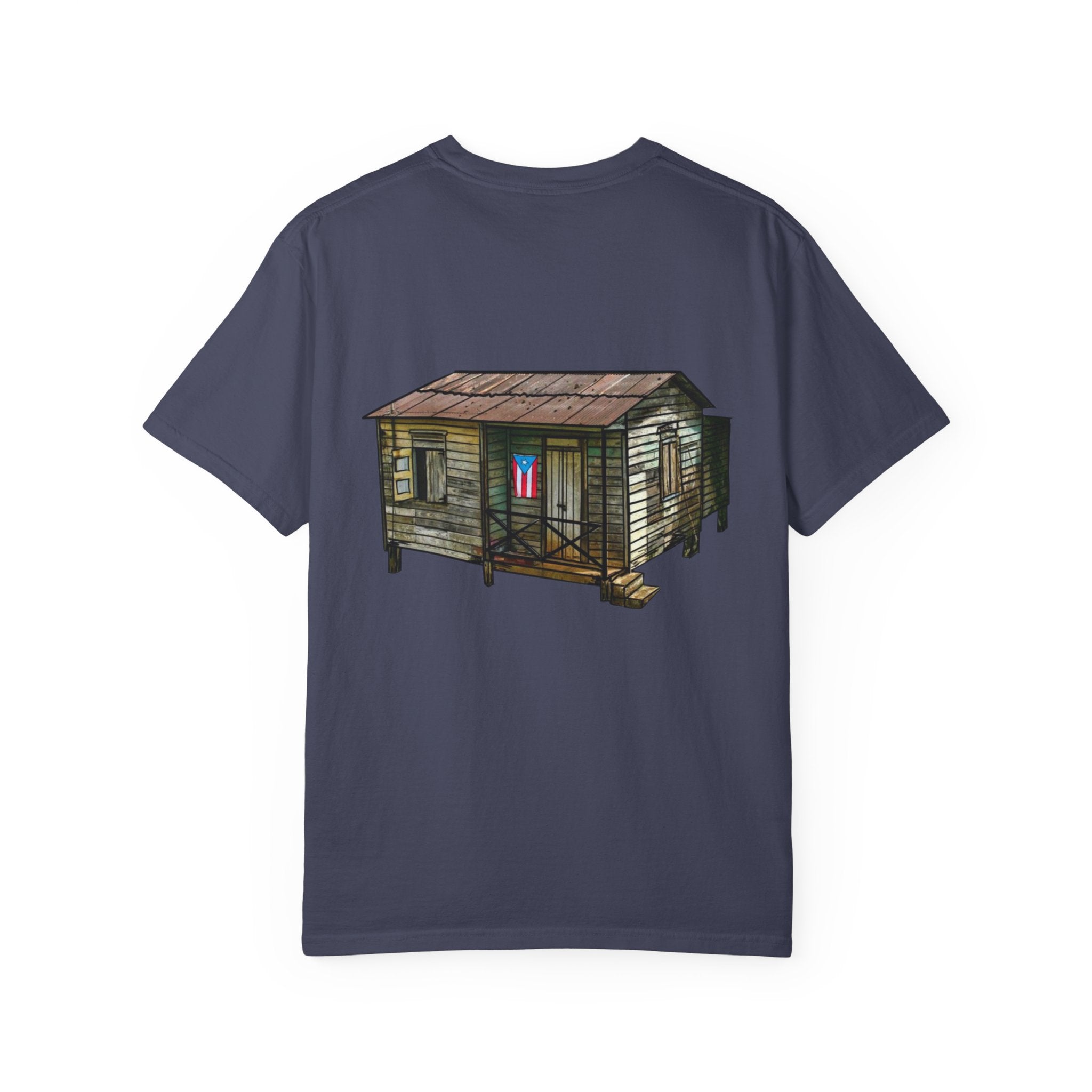Puerto Rican Batey Cabin T-Shirt  Three Masks & Rustic House Graphic Tee Puerto Rico Navidades