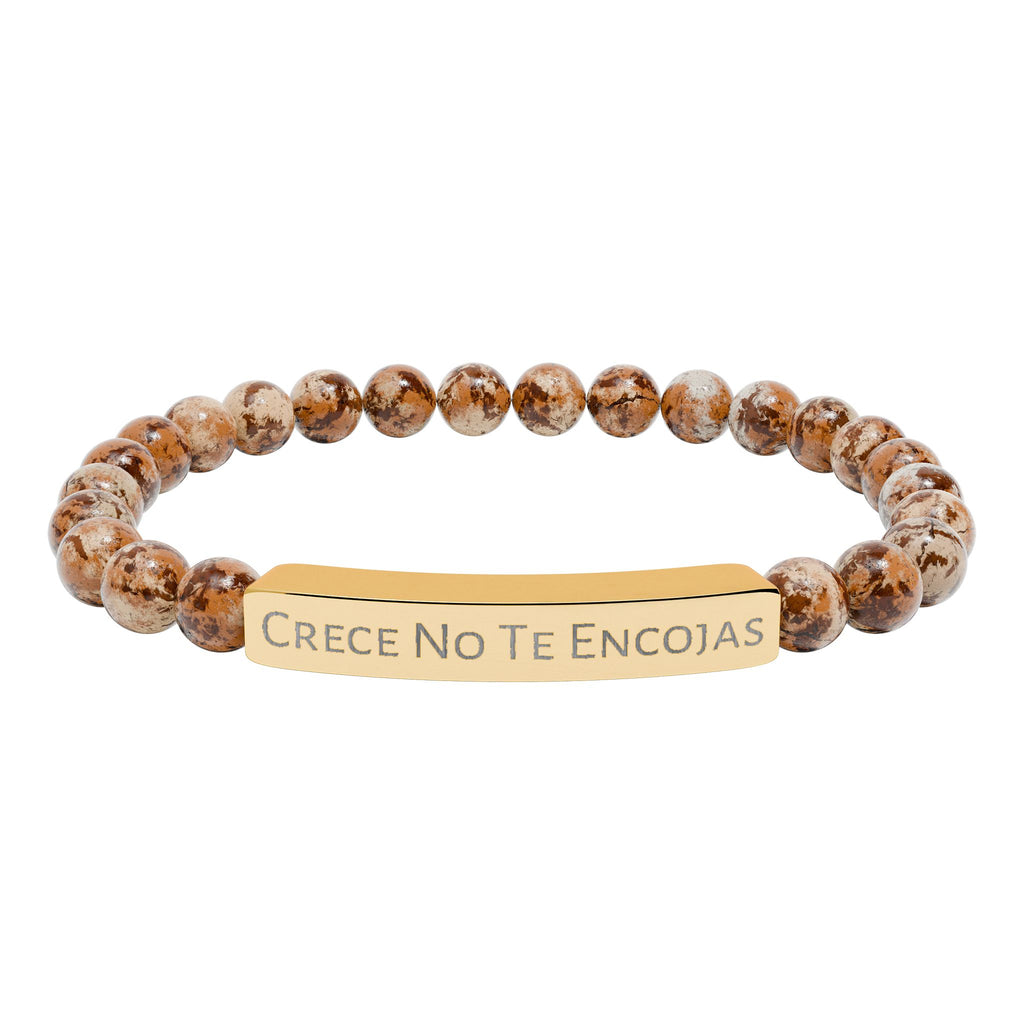 Engraved Natural Stone Stretch Bracelet — "Crece No Te Rindas" Affirmation Bar