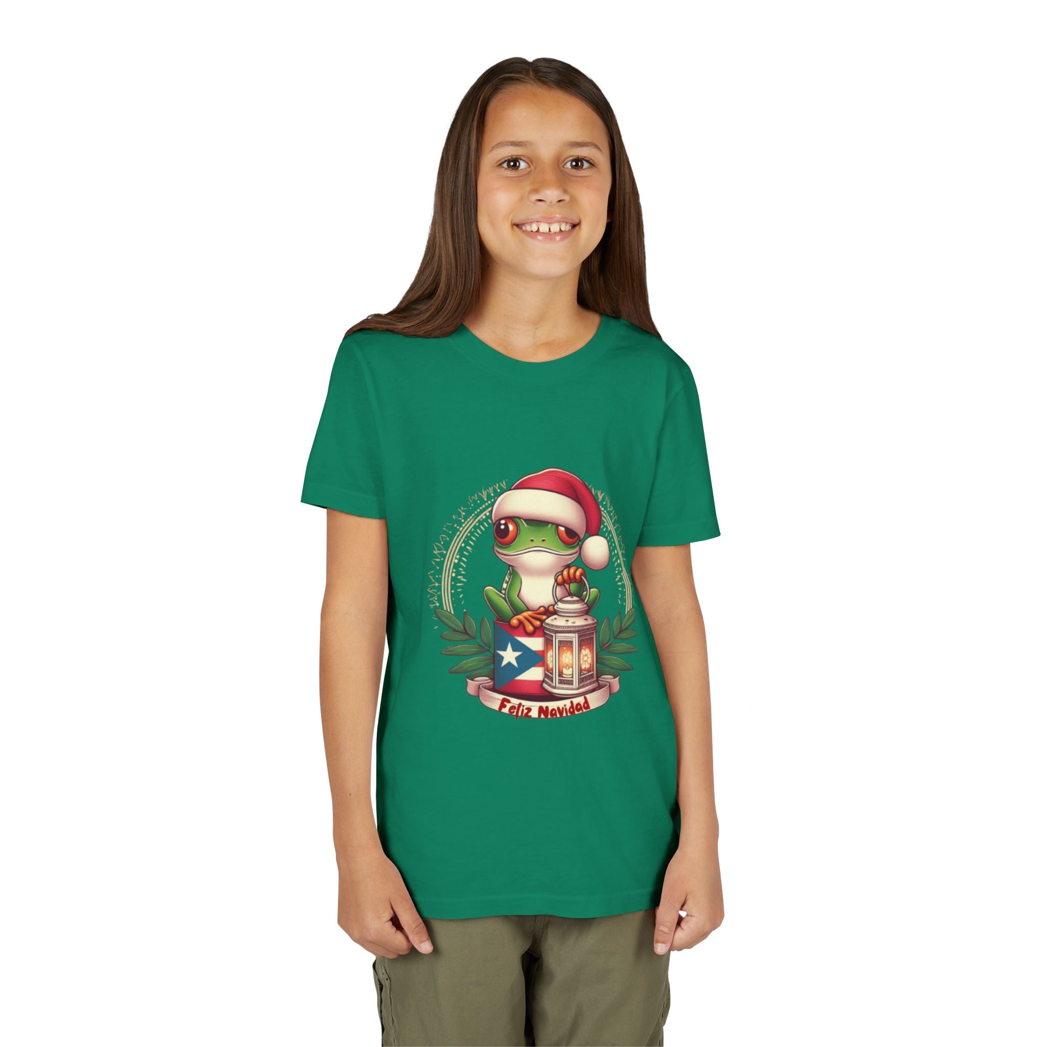 Kids Tee Cute Frog with Puerto Rican Flag & Lantern (Feliz Navidad)