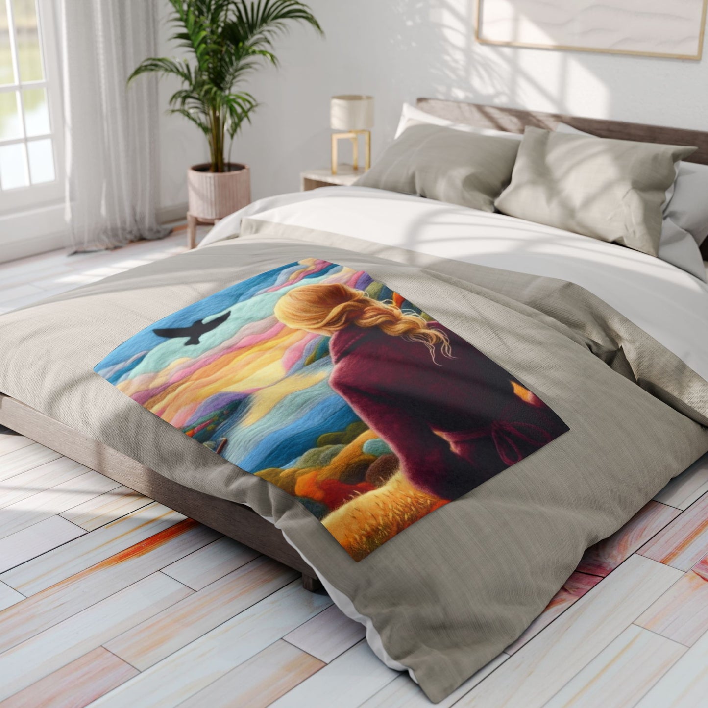 Scenic Girl Fleece Blanket — Cozy Sunset Landscape Throw