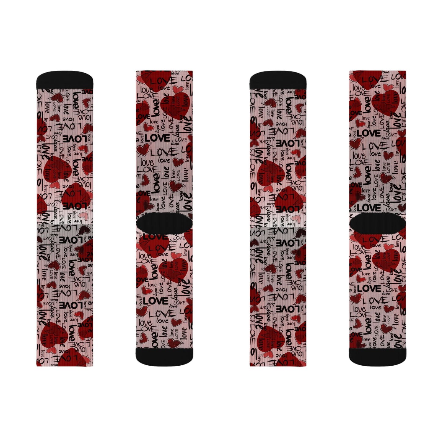 Valentine Heart Sublimation Socks – I Love You Pattern, Red Rose & Script Crew Socks