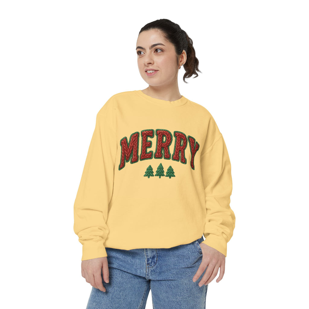 Merry Holiday Sweatshirt — Cozy Christmas Pullover with Tree Graphics Festive Holiday Designs