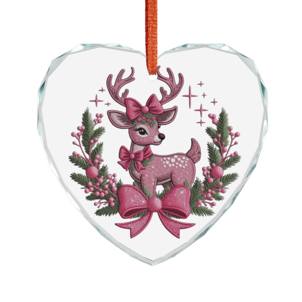 Crystal Heart Ornament — Pink Reindeer with Bows Christmas Decoration
