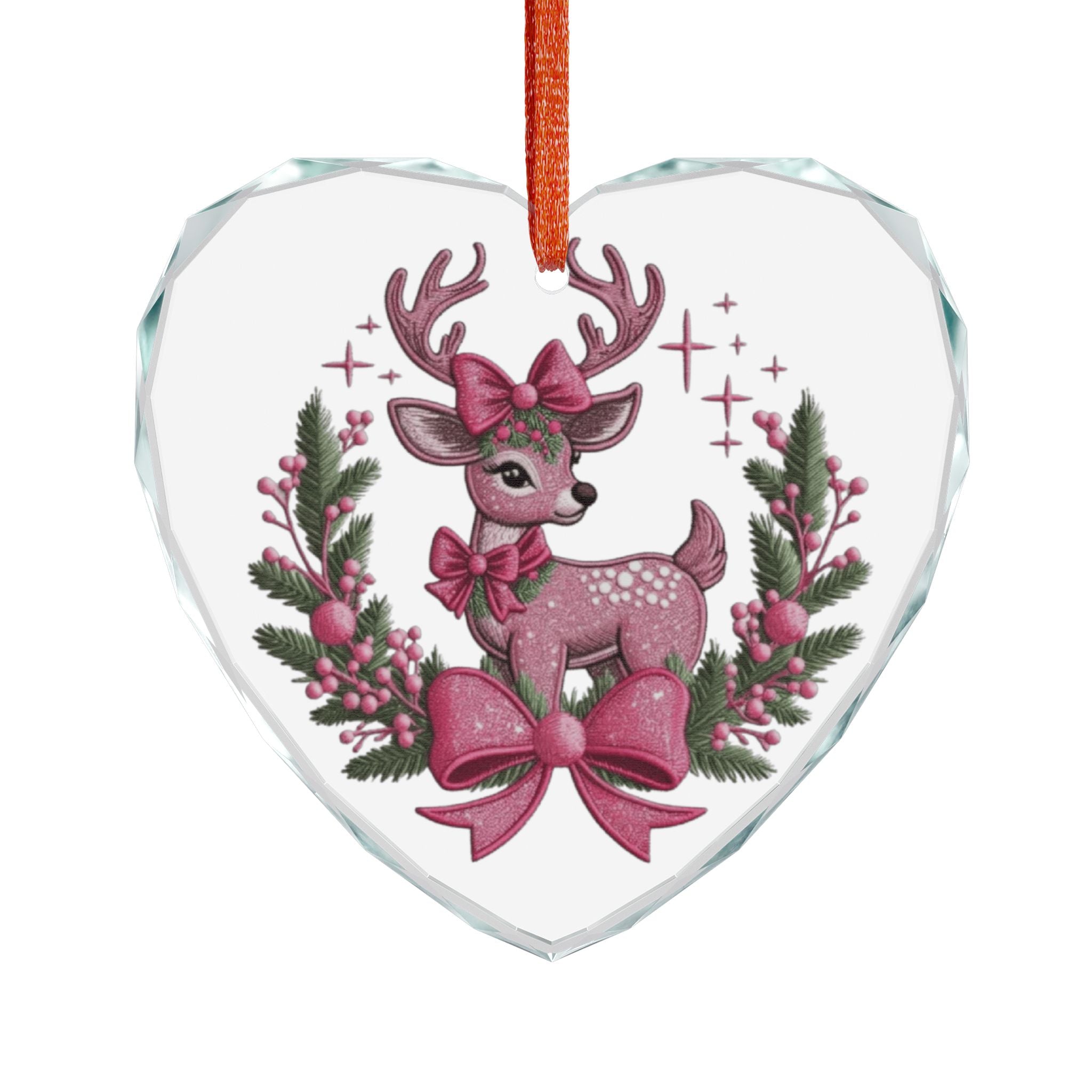Crystal Heart Ornament — Pink Reindeer with Bows Christmas Decoration
