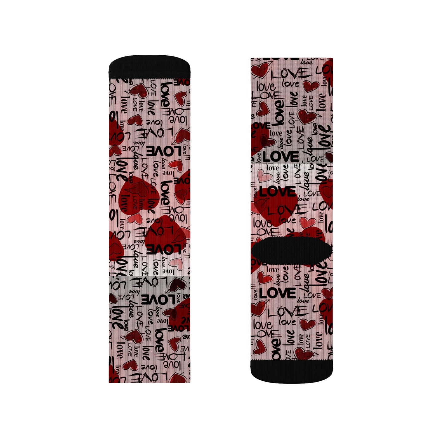 Valentine Heart Sublimation Socks – I Love You Pattern, Red Rose & Script Crew Socks
