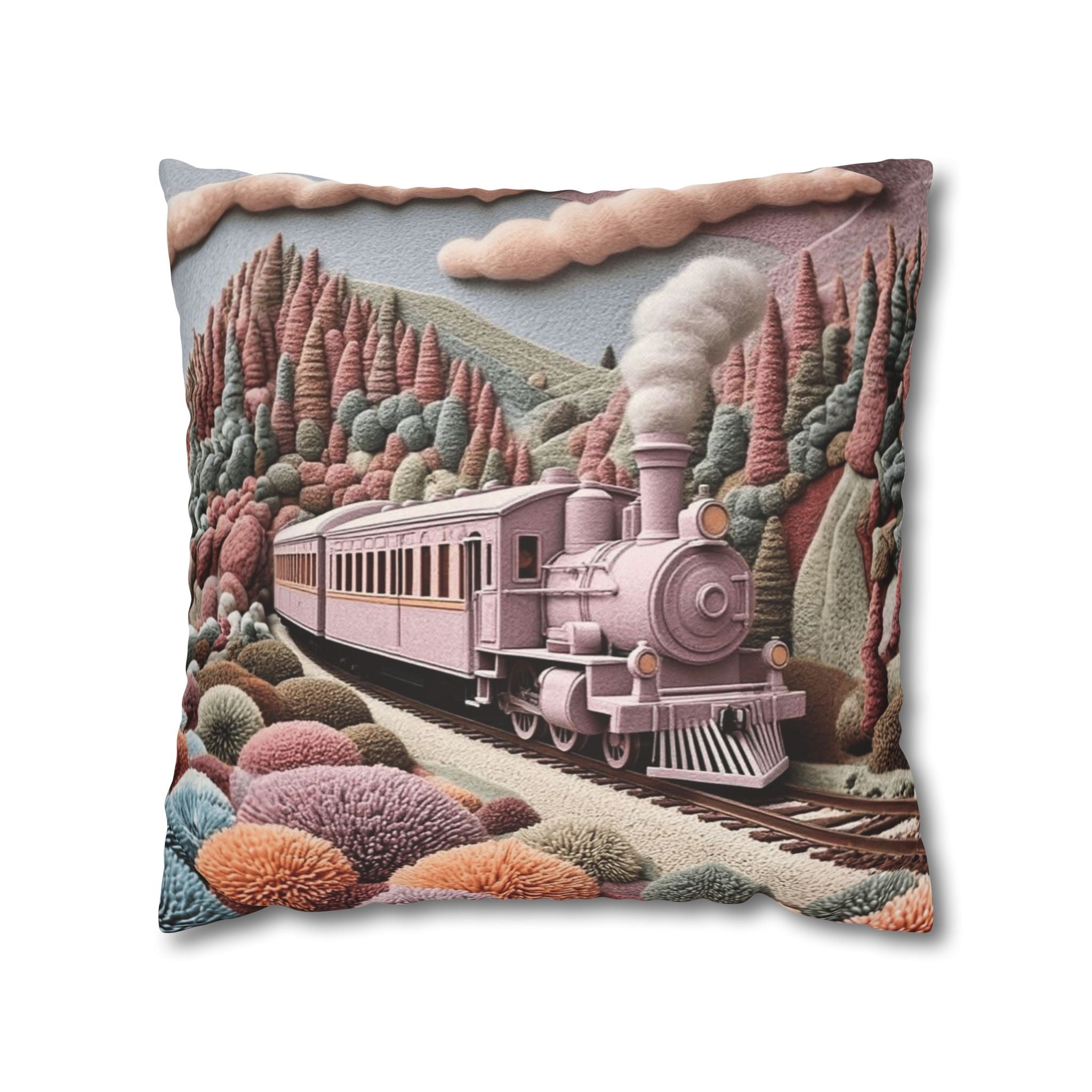 Vintage Pink Train Decorative Pillow – Whimsical Scenic Throw Pillowcase