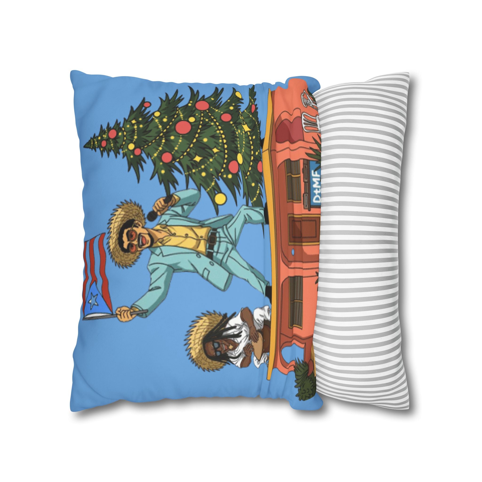 Holiday Vibes Pillow — Festive Duo Singing on Rooftop Christmas Throw Pillow Puerto Rico Culture Pillow