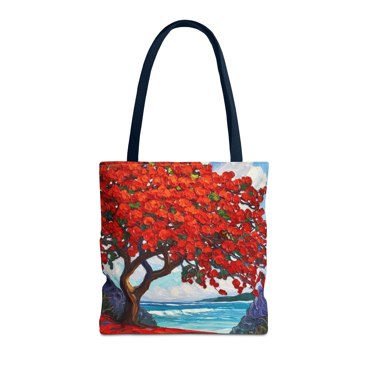 Red Blossom Beach Tote - Tropical Tree Art All-Over Print Tote Bag Crochet-Decorated Tote Bags