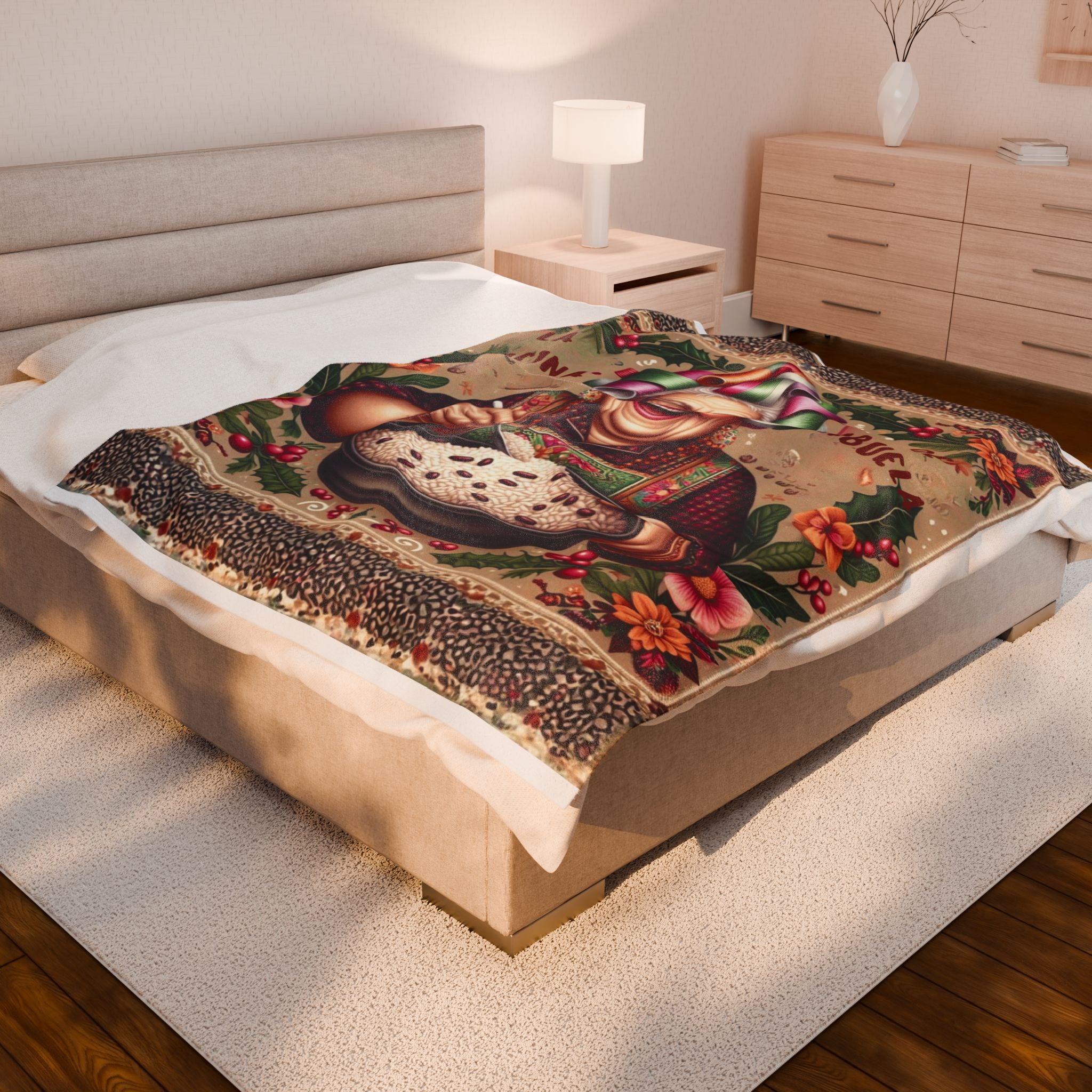 Grandma’s Cocina Velveteen Plush Blanket —Abuela Cooking Illustration Throw