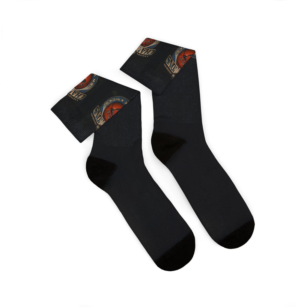 NY*K Basketball Black Sublimation Crew Socks with Vintage Motorcycle Badge Design