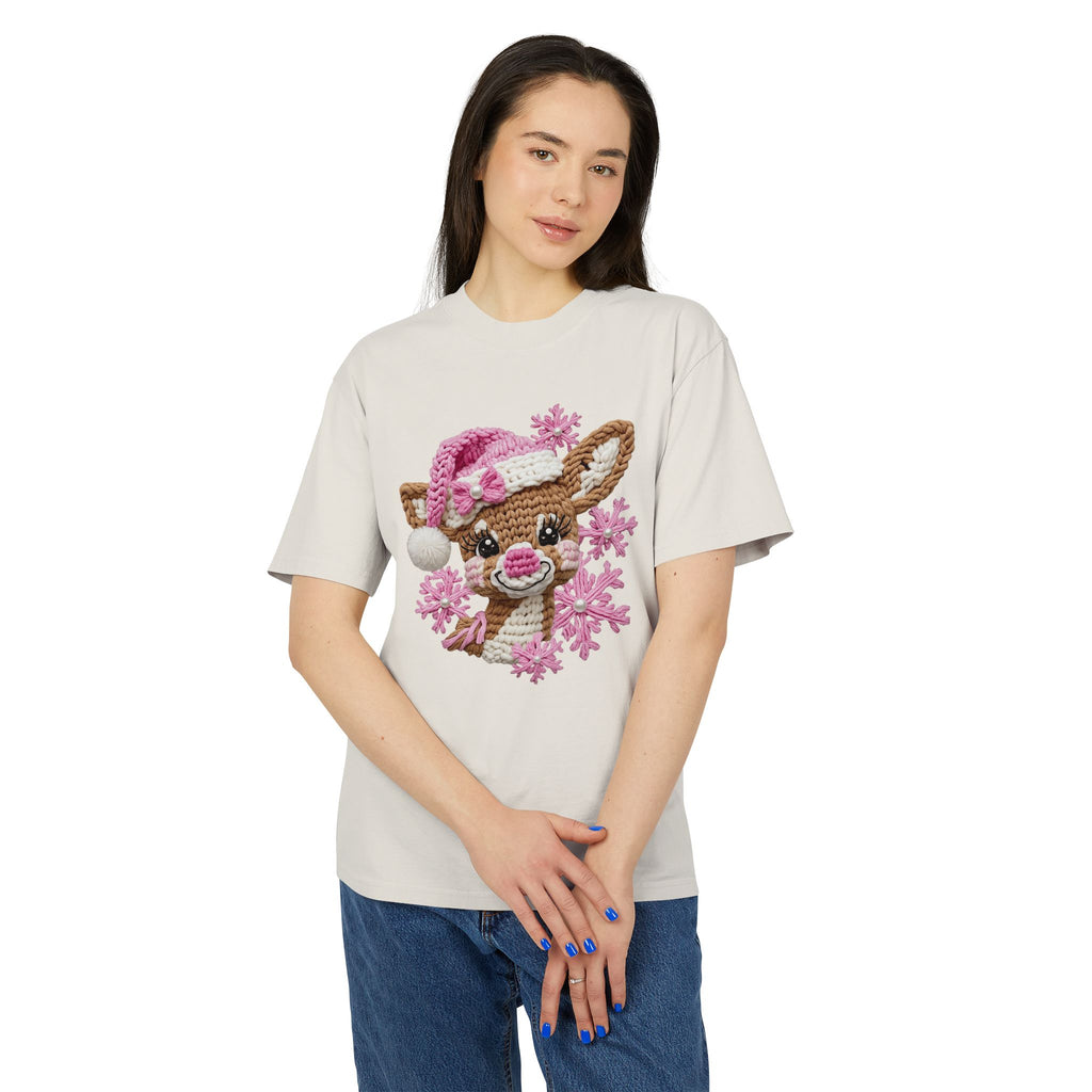 Cute Reindeer Tee — Pink Santa Hat & Snowflakes Holiday T-Shirt  cartoon-style Christmas artwork