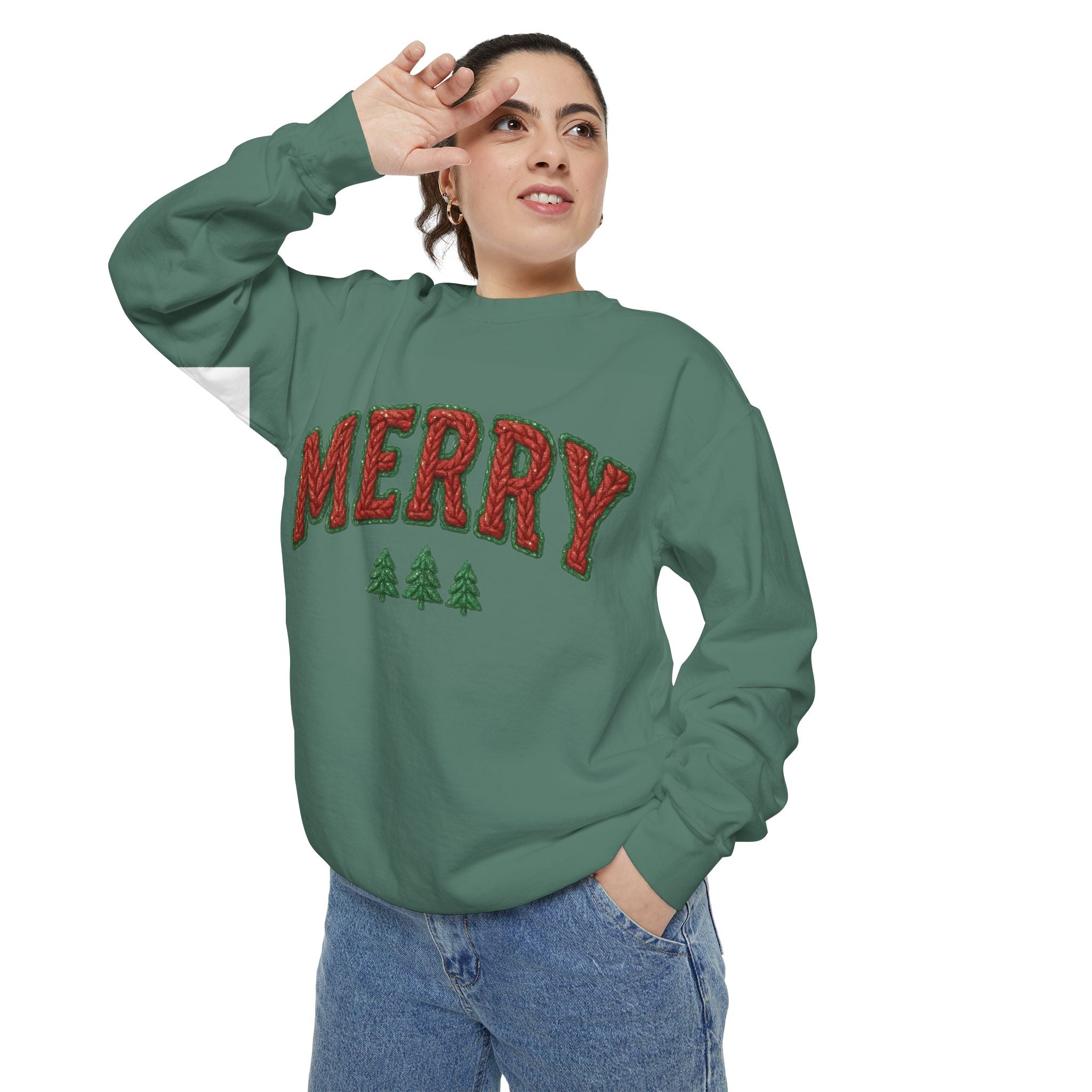 Merry Holiday Sweatshirt — Cozy Christmas Pullover with Tree Graphics Festive Holiday Designs
