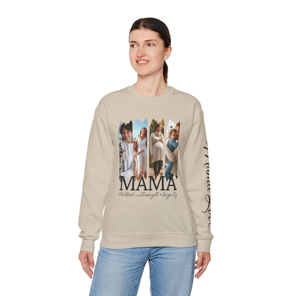Mama Photo Collage Sweatshirt — "MAMA: clothed in strength & dignity" Sleeve Script