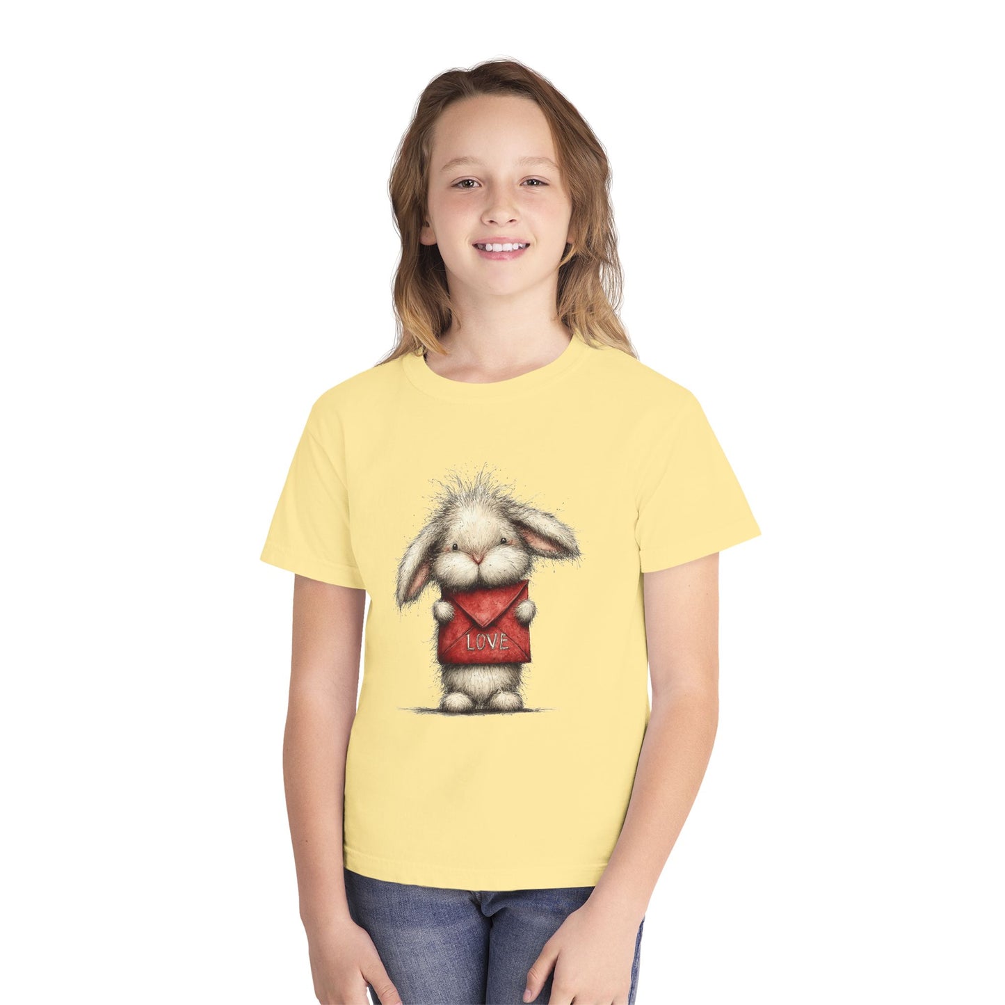 Kids Tee  Cute Bunny Holding "Love" Heart Graphic (Youth Midweight)